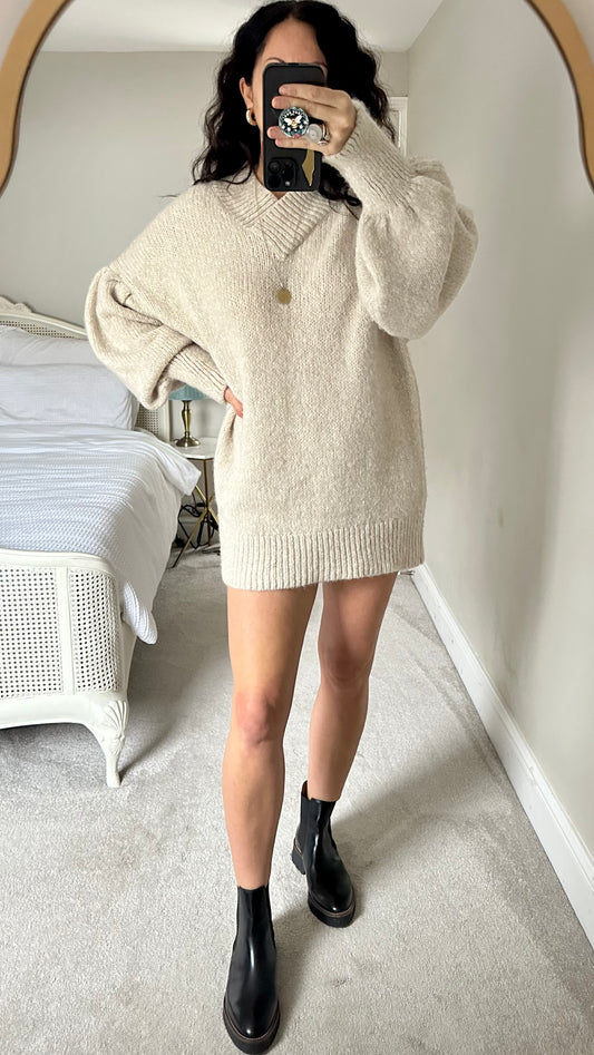 Topshop cream beige knitted jumper dress large UK 12 vgc mini