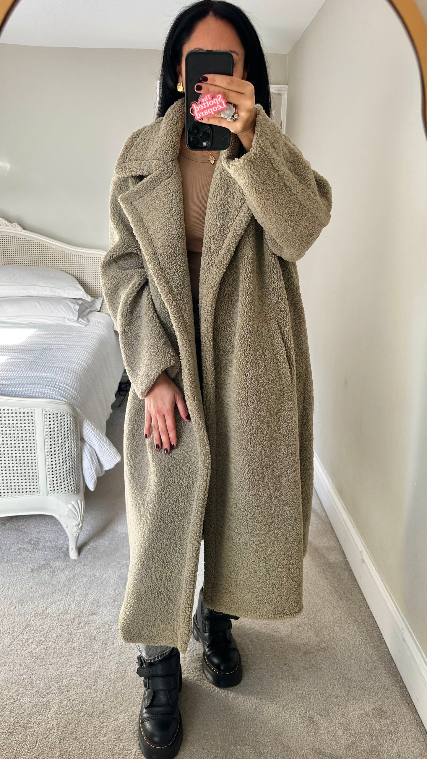 Pretty Lavish khaki beige stone teddy long maxi coat large UK 12 14 16 vgc