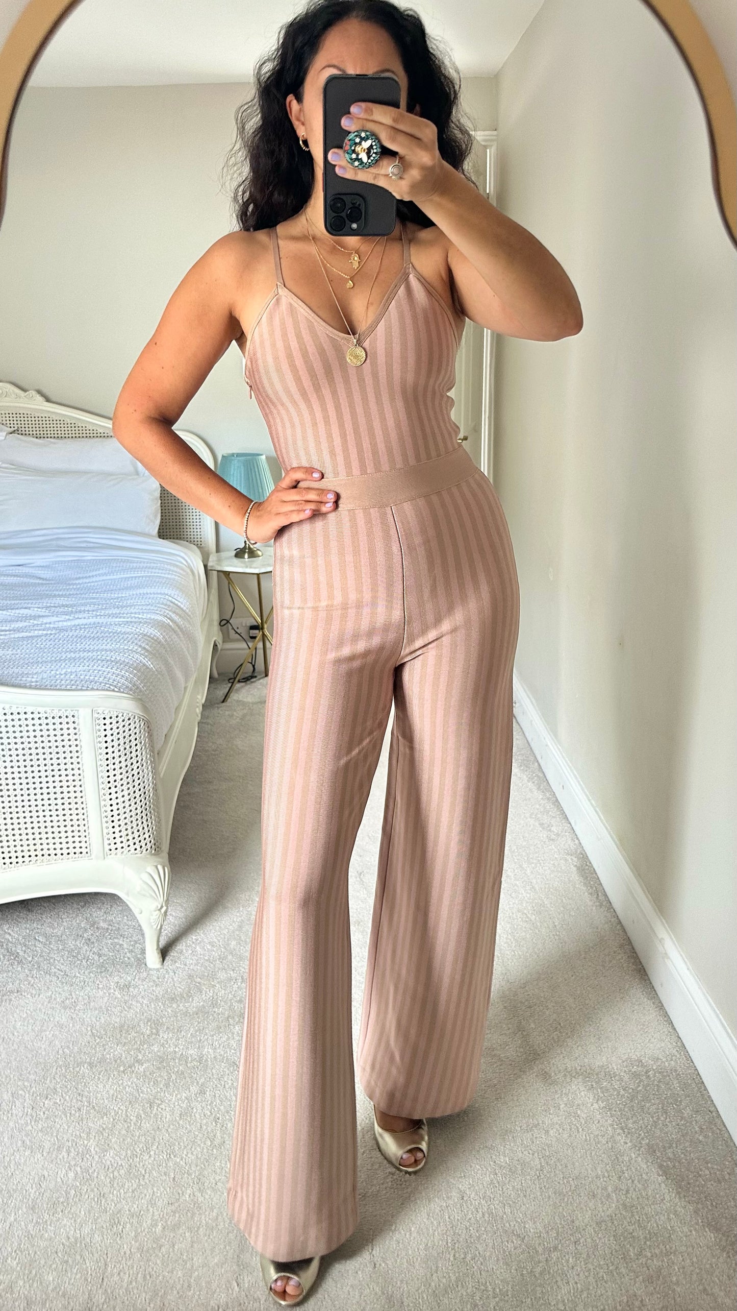 House of CB beige caramel stripe jumpsuit Playsuit medium UK 10 vgc wedding guest