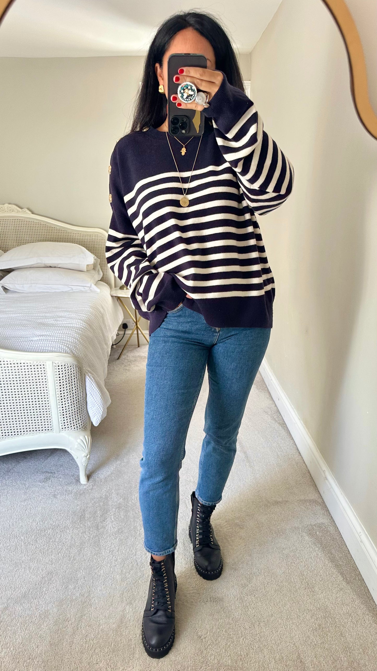 & other stories navy blue white stripe wool blend knitted jumper extra large UK 14 new bnwot w25