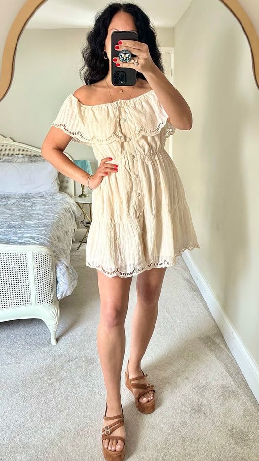 Lovers & Friends cream beige off shoulder frill detail mini dress medium M UK 10 vgc