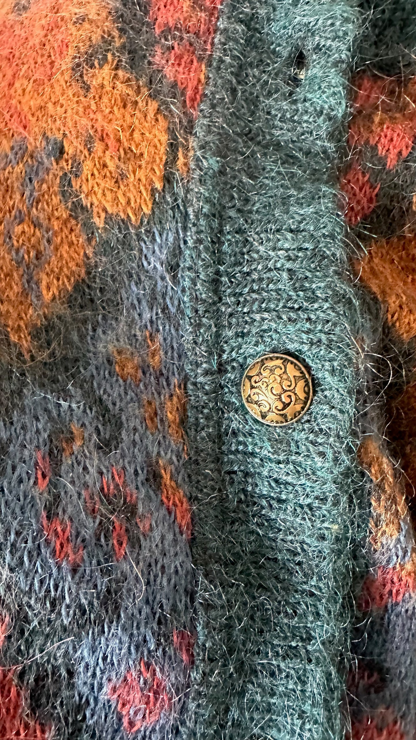 Vintage orange burnt orange navy blue patterned mohair blend jumper cardigan medium UK 10 vgc w25