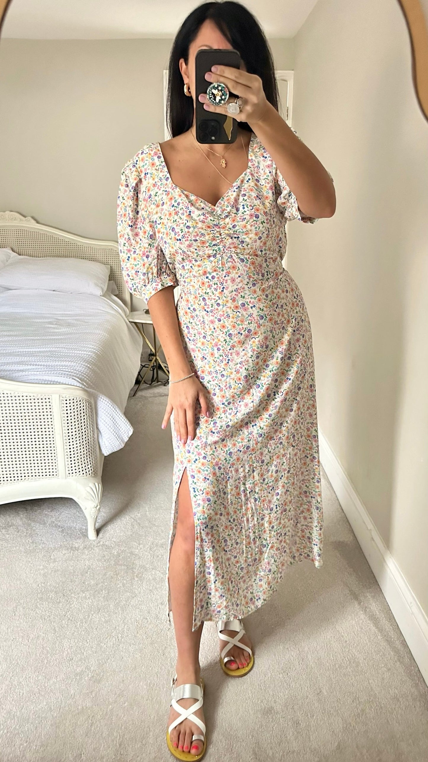 Nobody’s Child white cream pink floral midi long dress medium UK 12 vgc