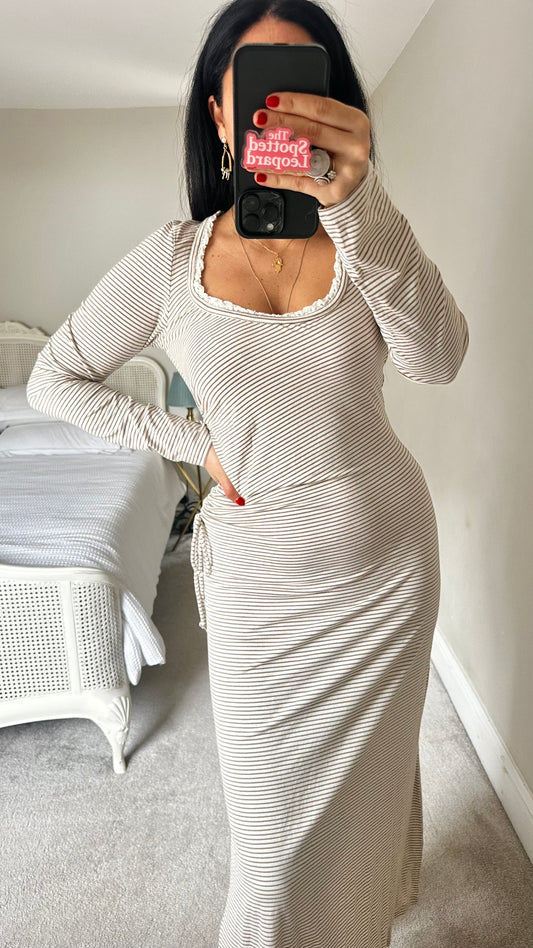 Daily Practice & Anthropologie cream brown stripe cotton casual long maxi dress medium UK 12-14 new bnwt