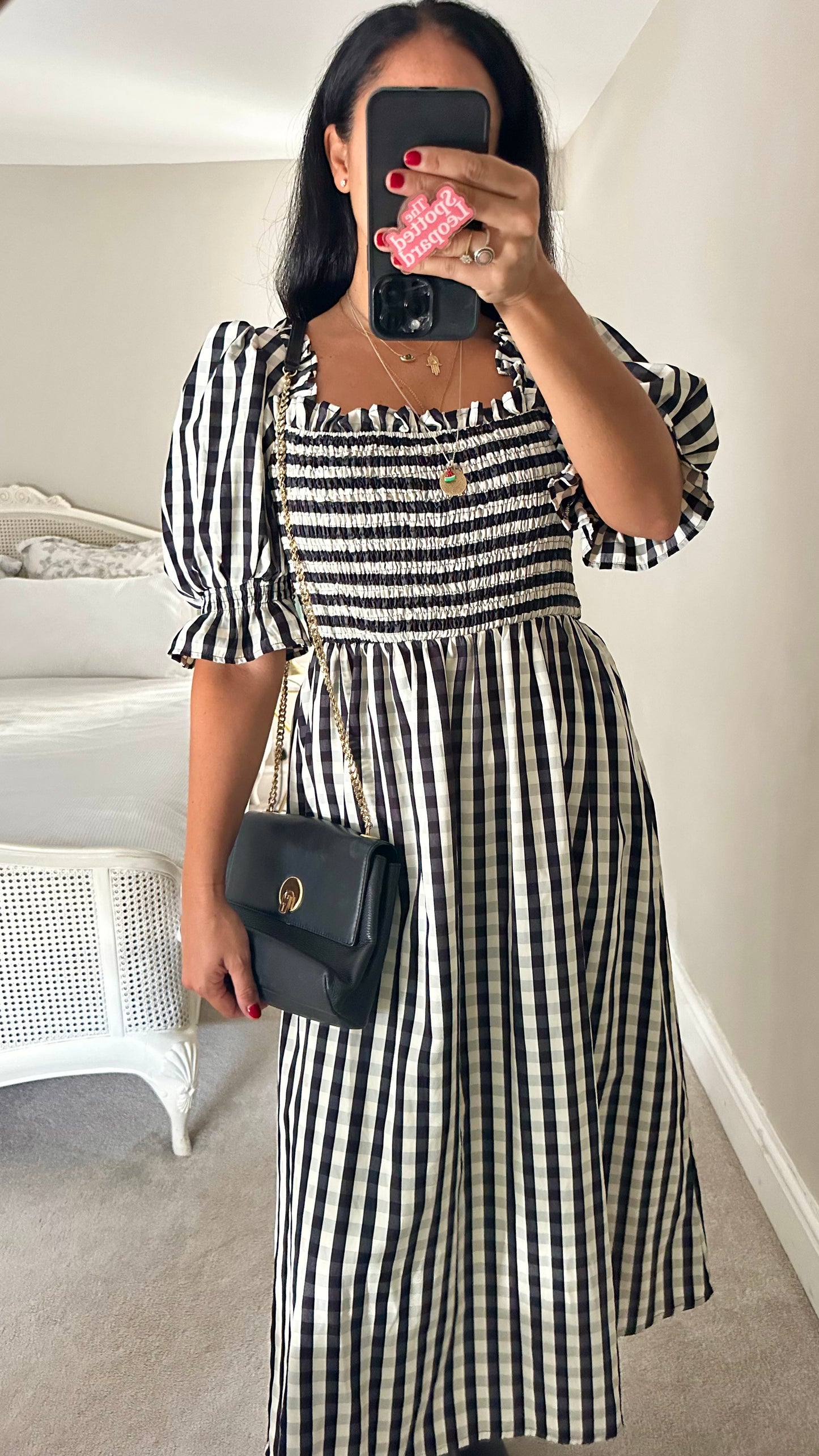Warehouse black white gingham check midi shirred long dress medium UK 14 vgc
