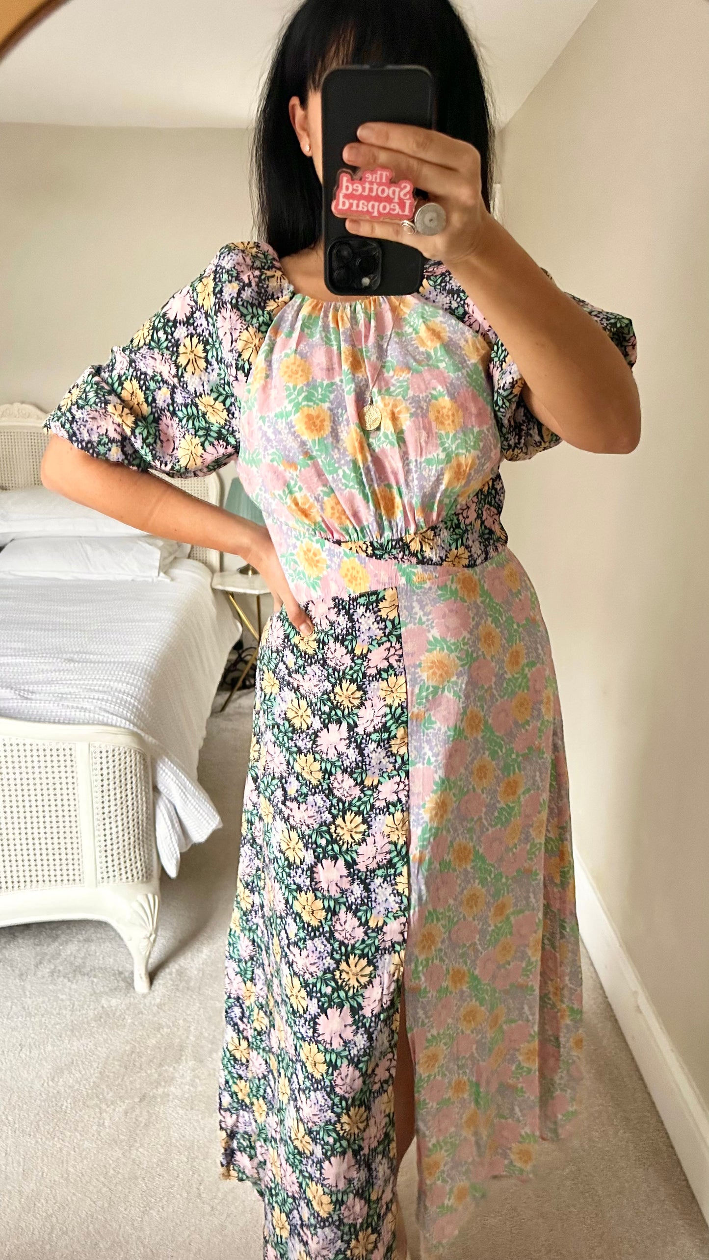 Nobody’s Child black yellow pink floral midi front split dress small UK 10 vgc