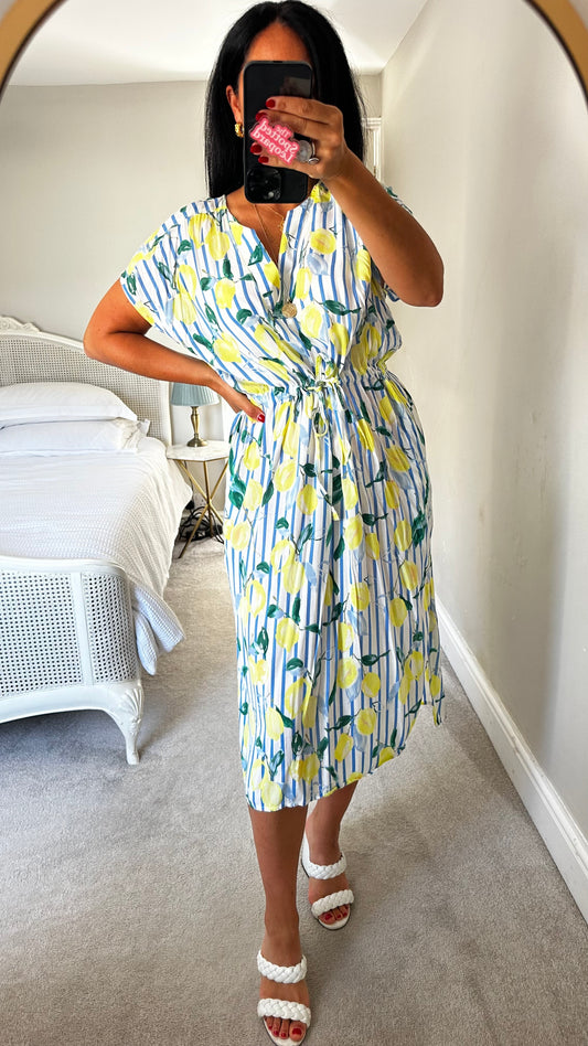 Joules lemon blue printed fruit tunic dress medium UK 12-14 vgc