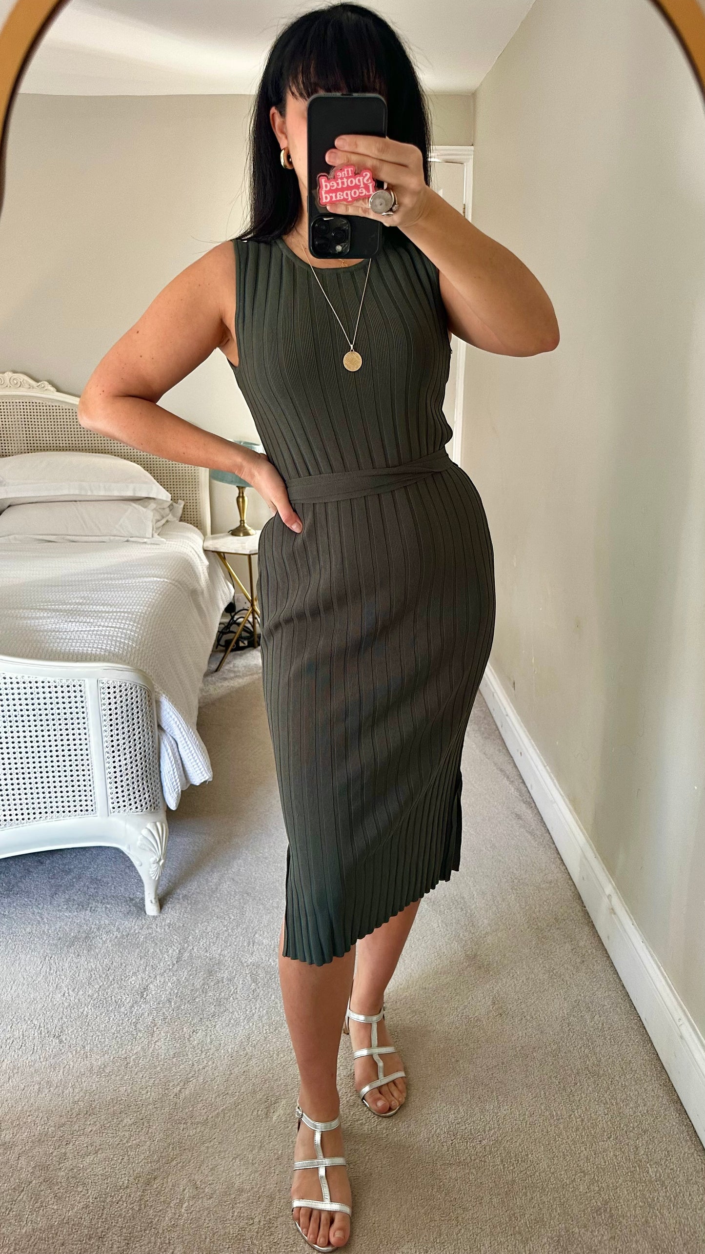 Oliver Bonas Olive khaki green ribbed stretch midi dress small medium UK 10-12 vgc