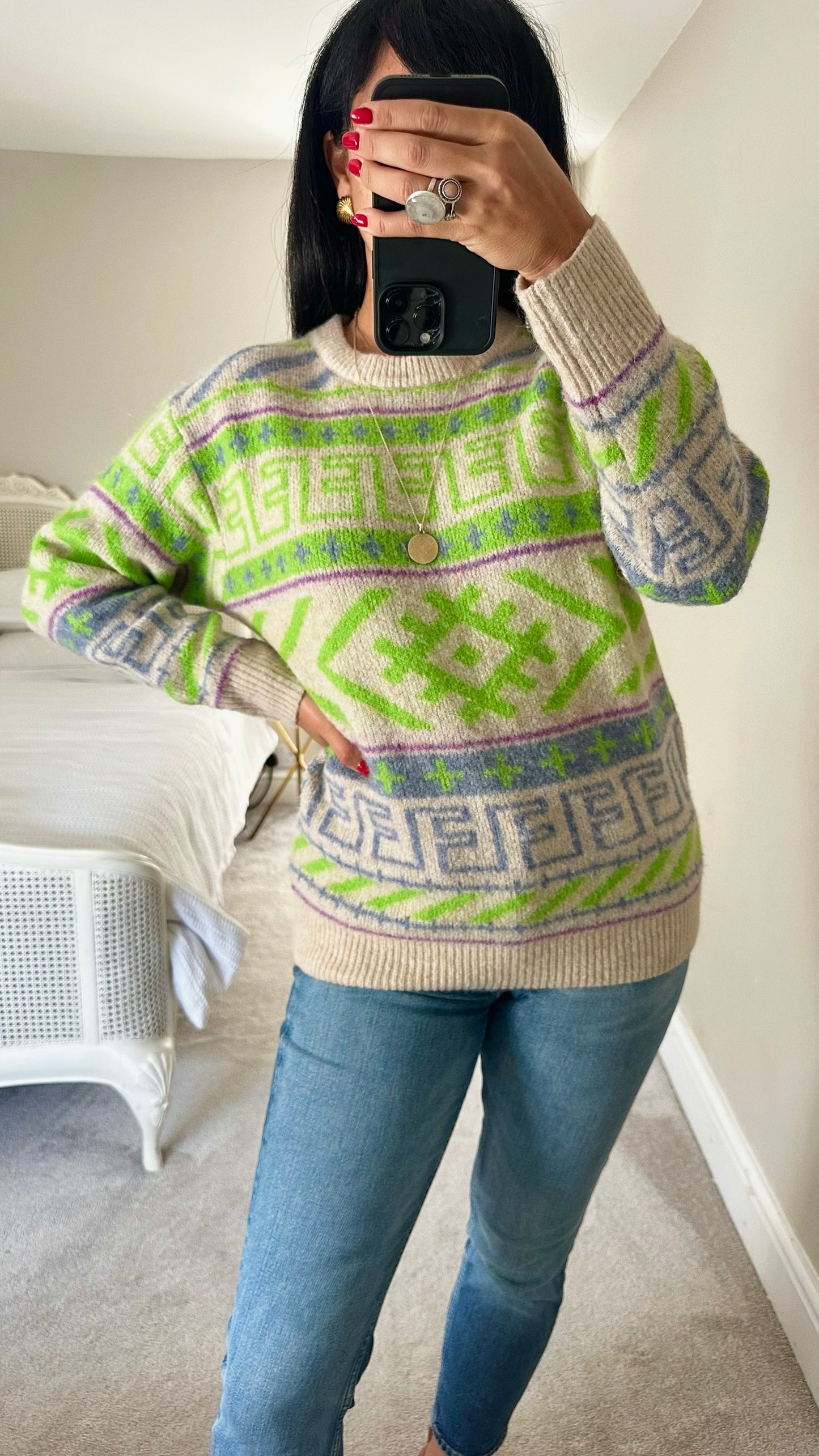 FRNCH lime green lilac aztec knitted jumper large UK 12 vgc
