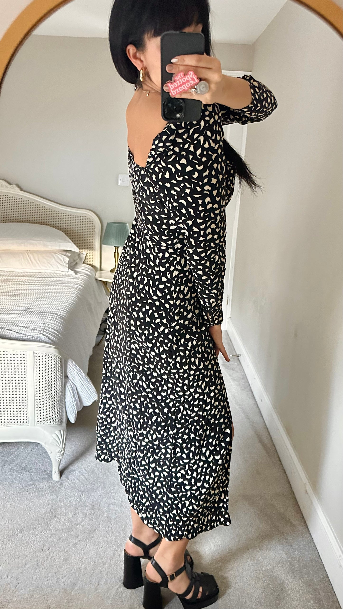 & other stories black cream abstract side split squiggle midi event dress medium UK 12 vgc