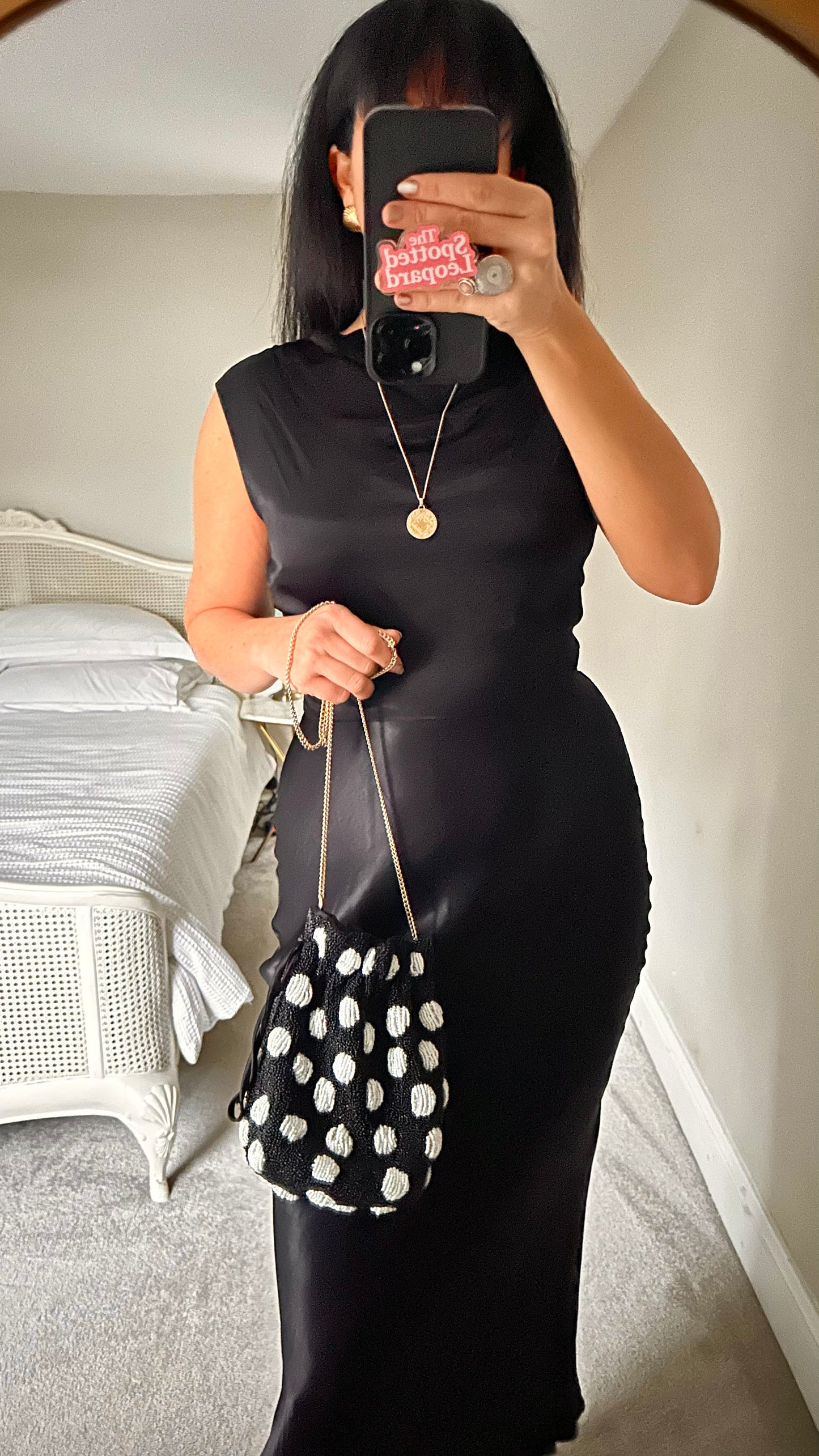 Oliver Bonas black white polka dot sequin beaded mini drawstring handbag small vgc