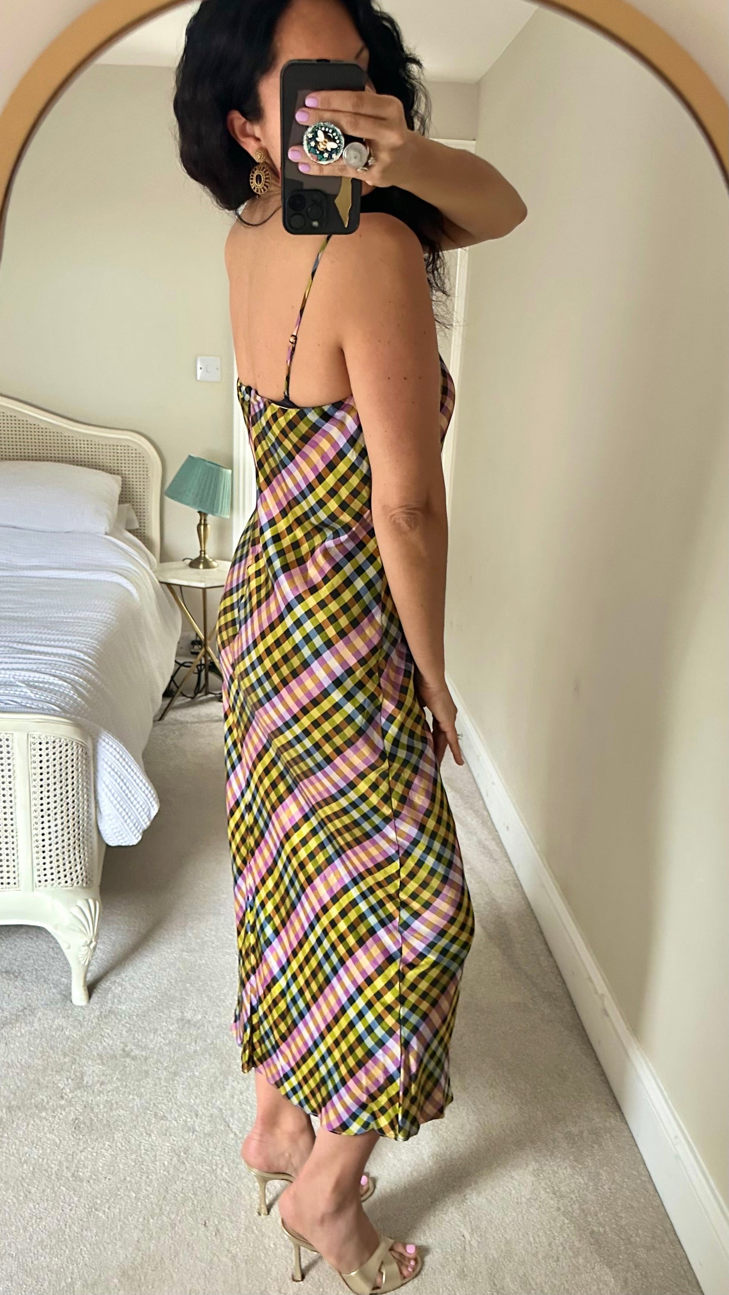 HUSH lilac green gingham check slip dress midi event maxi large UK 14 vgc