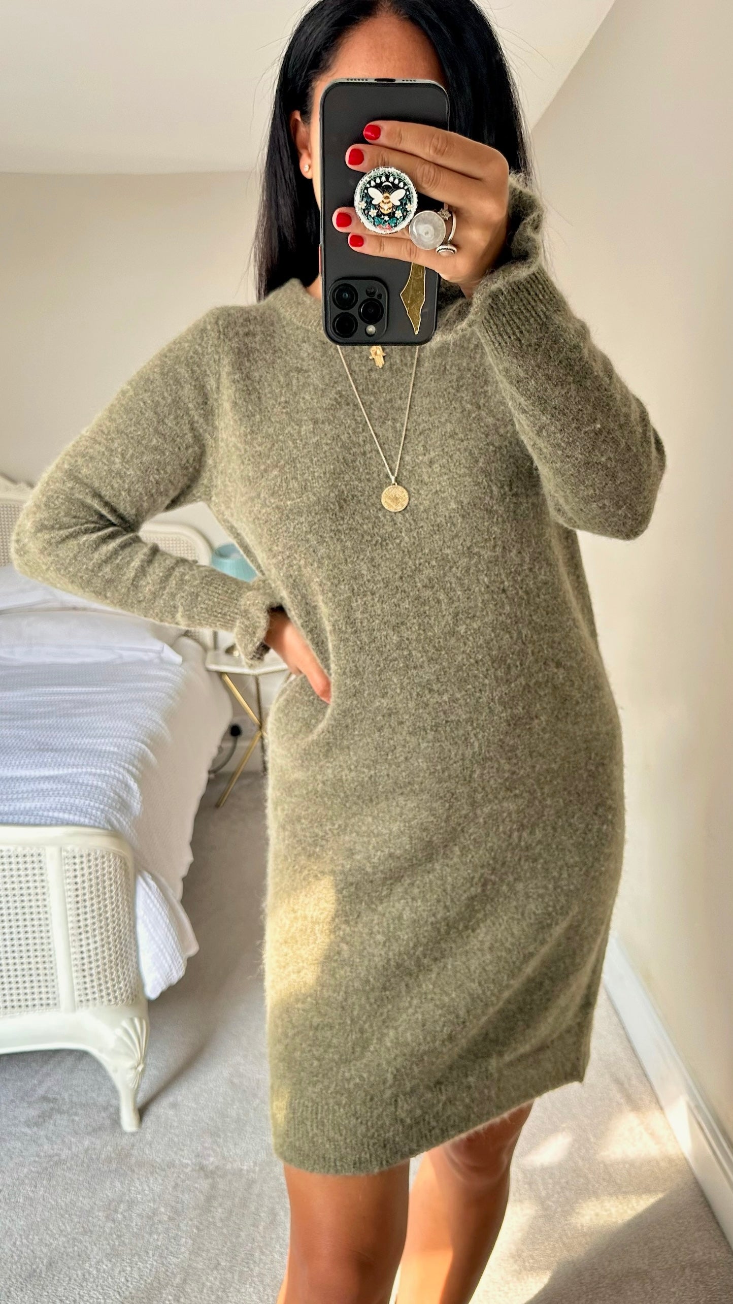 Selected femme khaki olive green knitted jumper dress alpaca blend medium UK 10 vgc w25