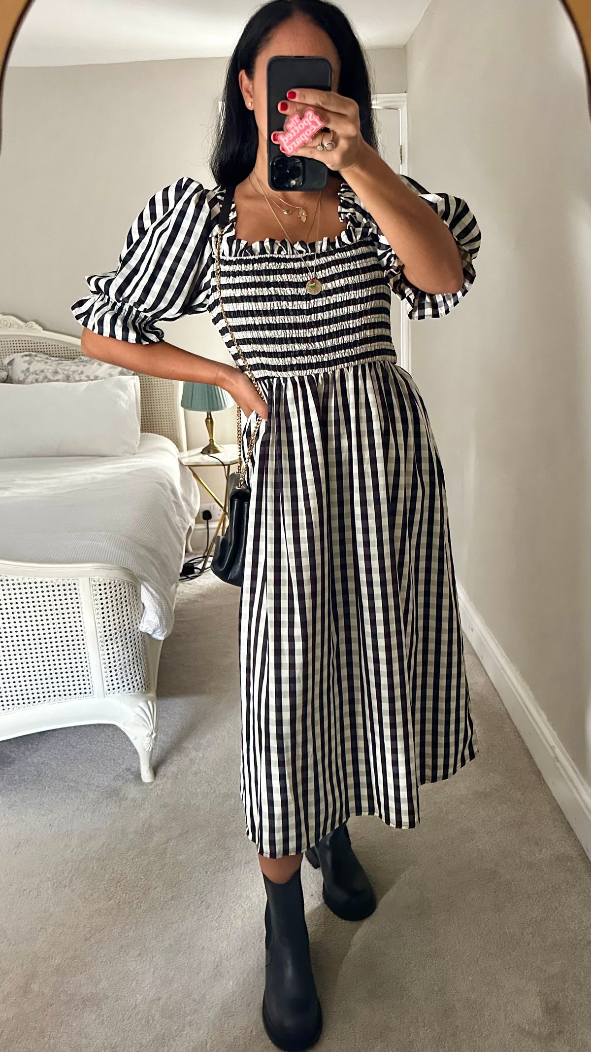 Warehouse black white gingham check midi shirred long dress medium UK 14 vgc