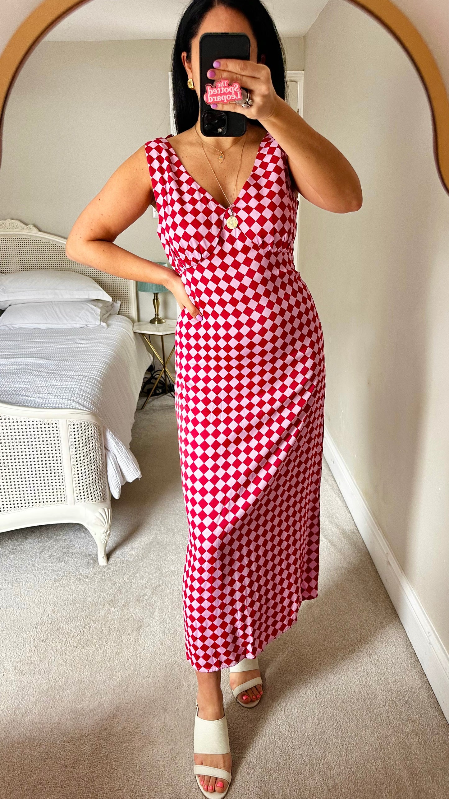 YAS pink rose fuchsia checkered midi long dress medium UK 10-12 event vgc