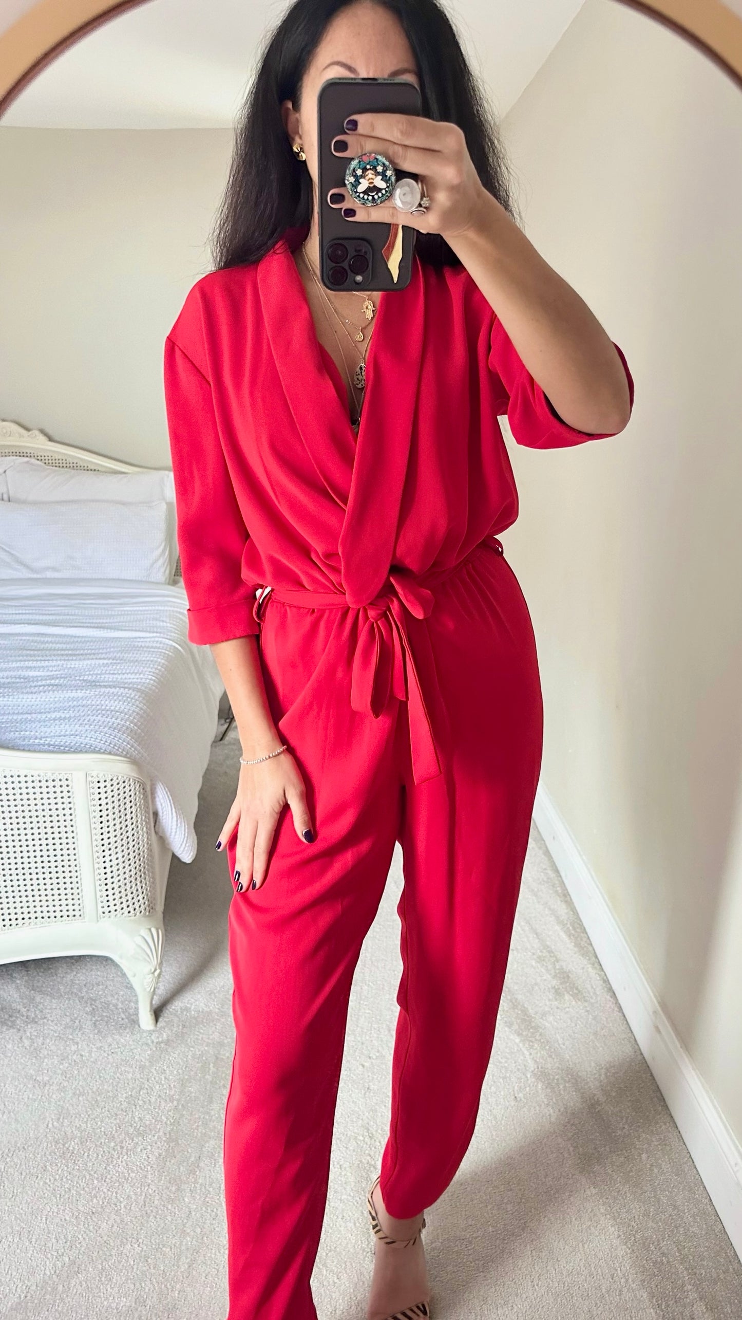 Warehouse red waist tie jumpsuit party extra large XL UK 14 vgc