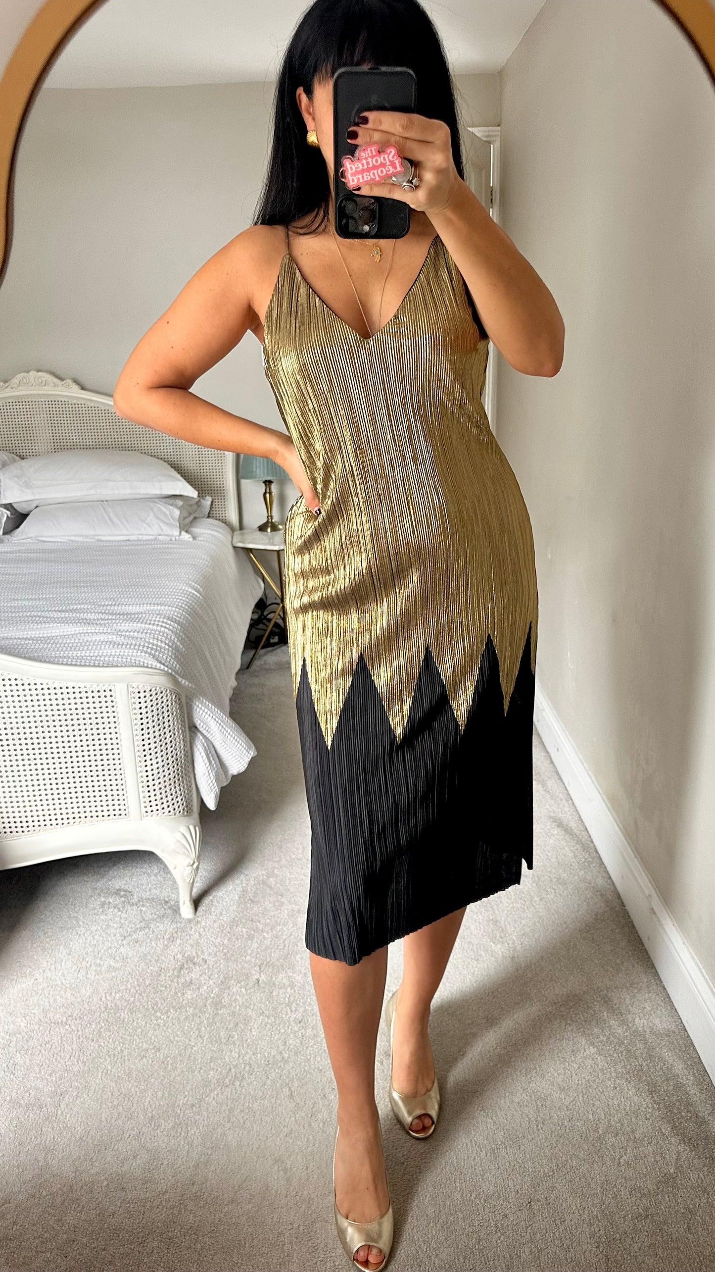 River Island gold black crinkle plissé midi long party event dress small medium UK 10