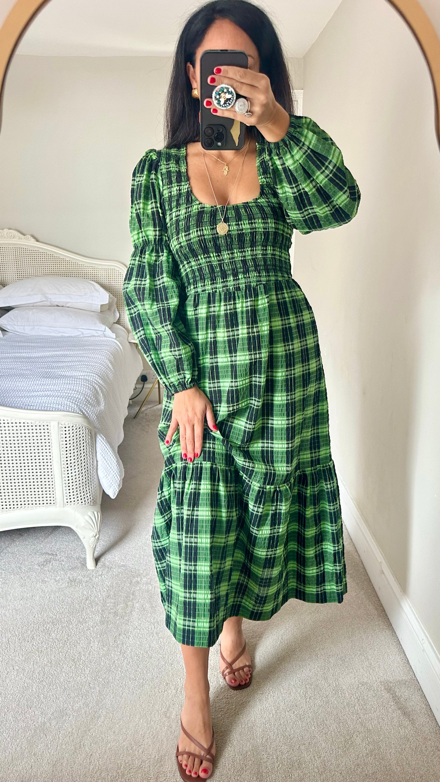 Ganni black lime green check gingham midi long dress medium UK 10 vgc event w25