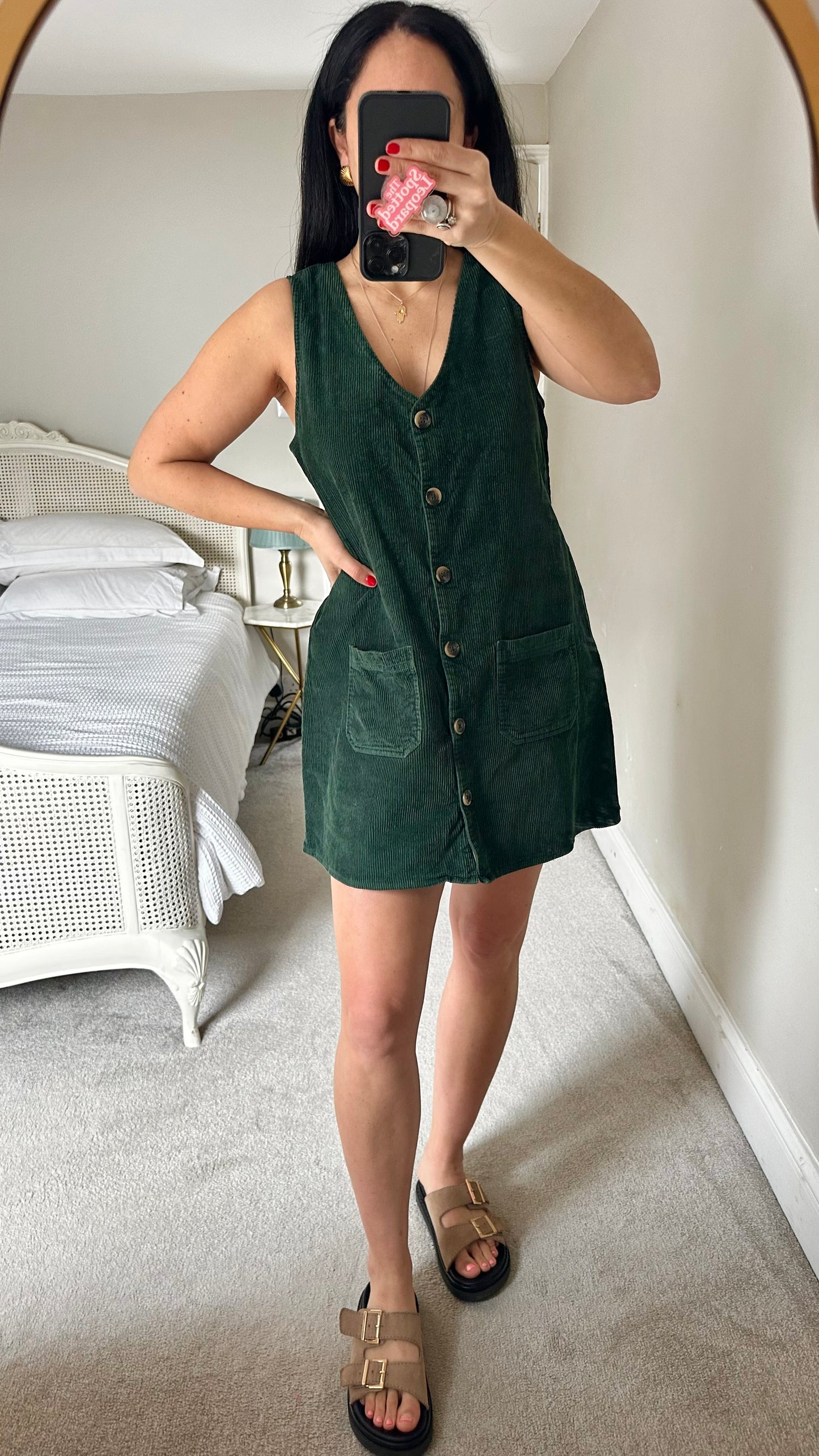 Nobody’s Child forest green corduroy mini button up dress small UK 10 vgc