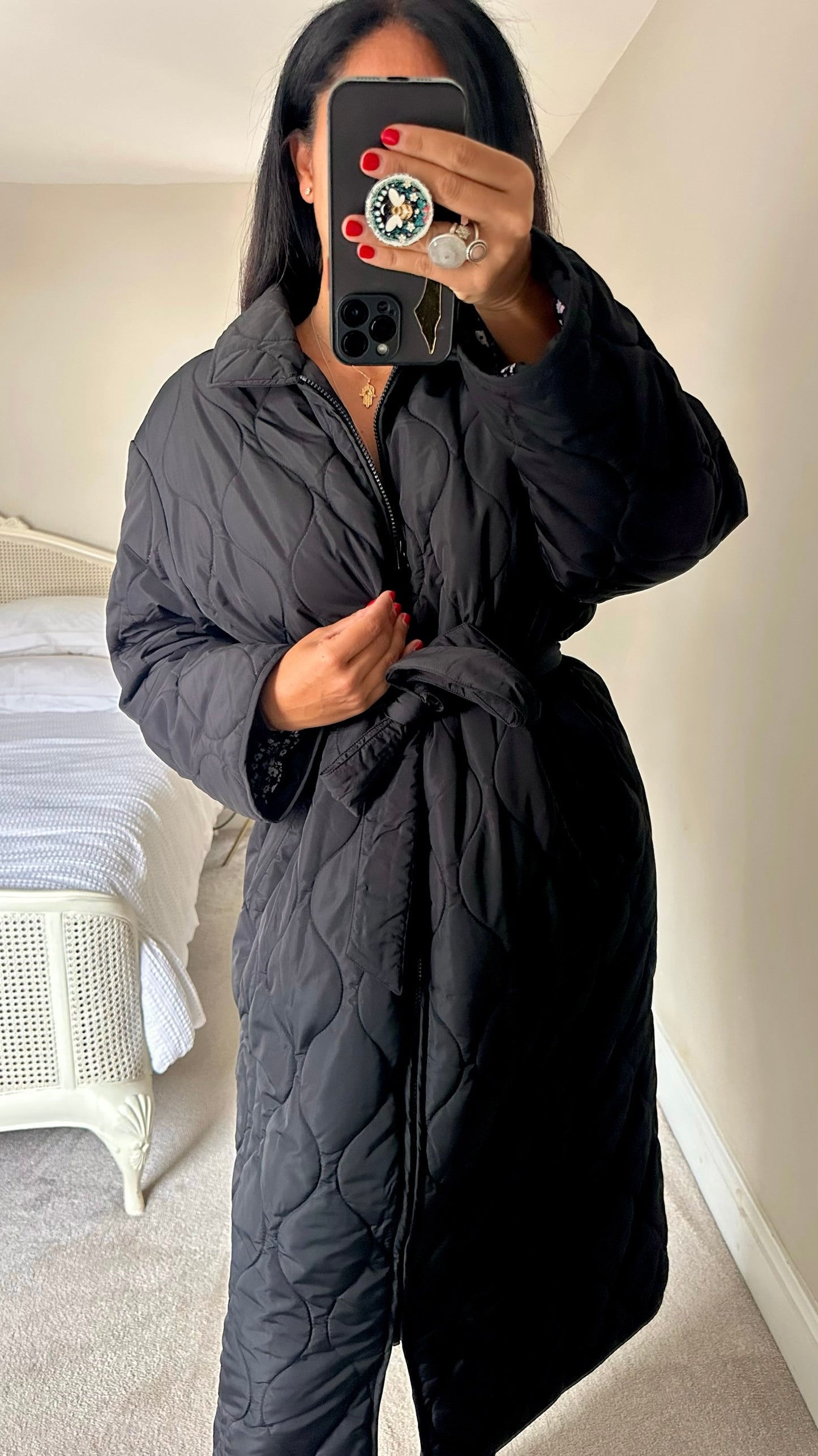 Nobody's child black wavy quilted long line sleeping bag coat wrap large UK 12-14 vgc w25