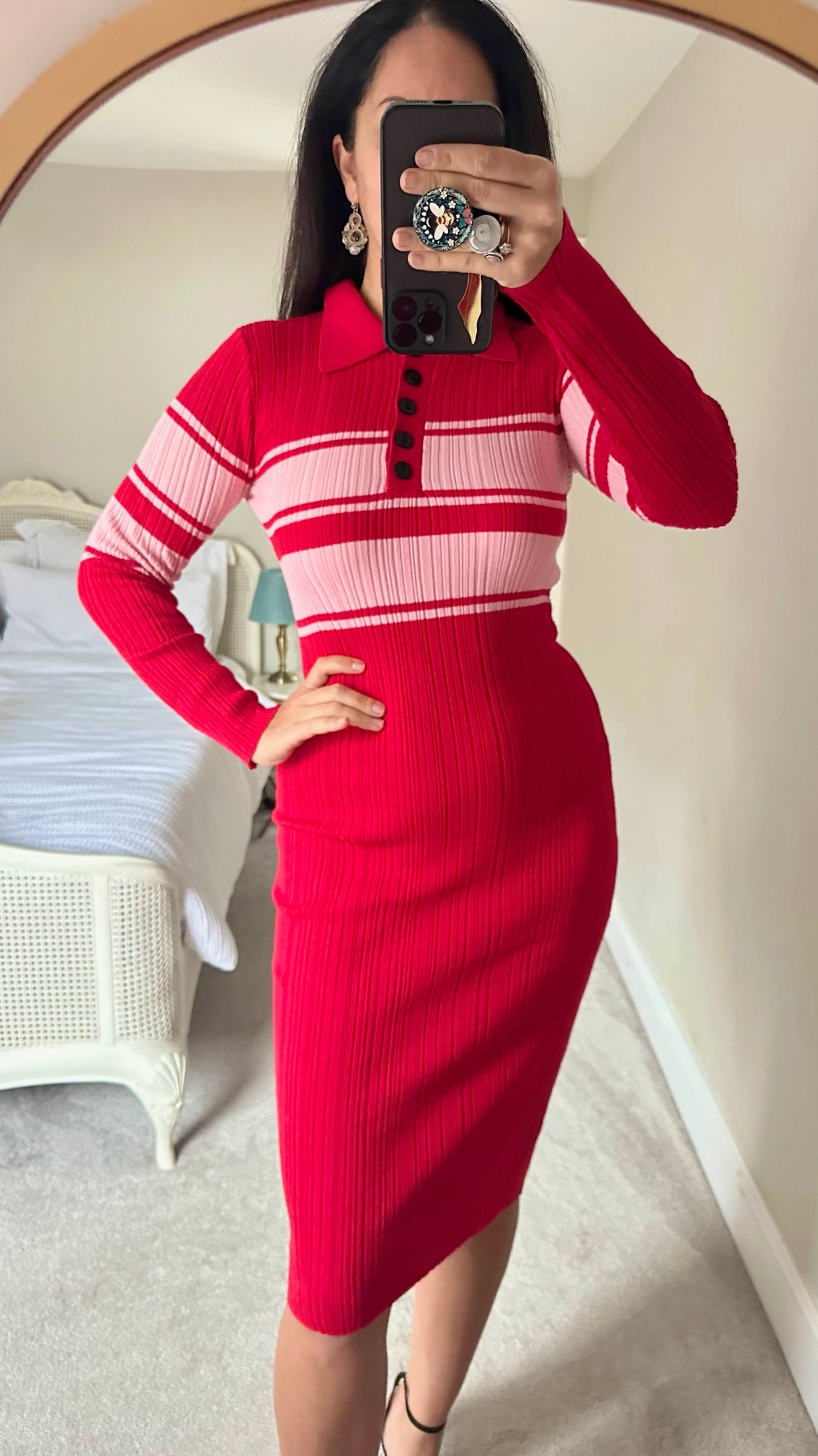 Warehouse pink red stripe ribbed knit midi jumper dress Christmas small medium SM UK 8 10 vgc