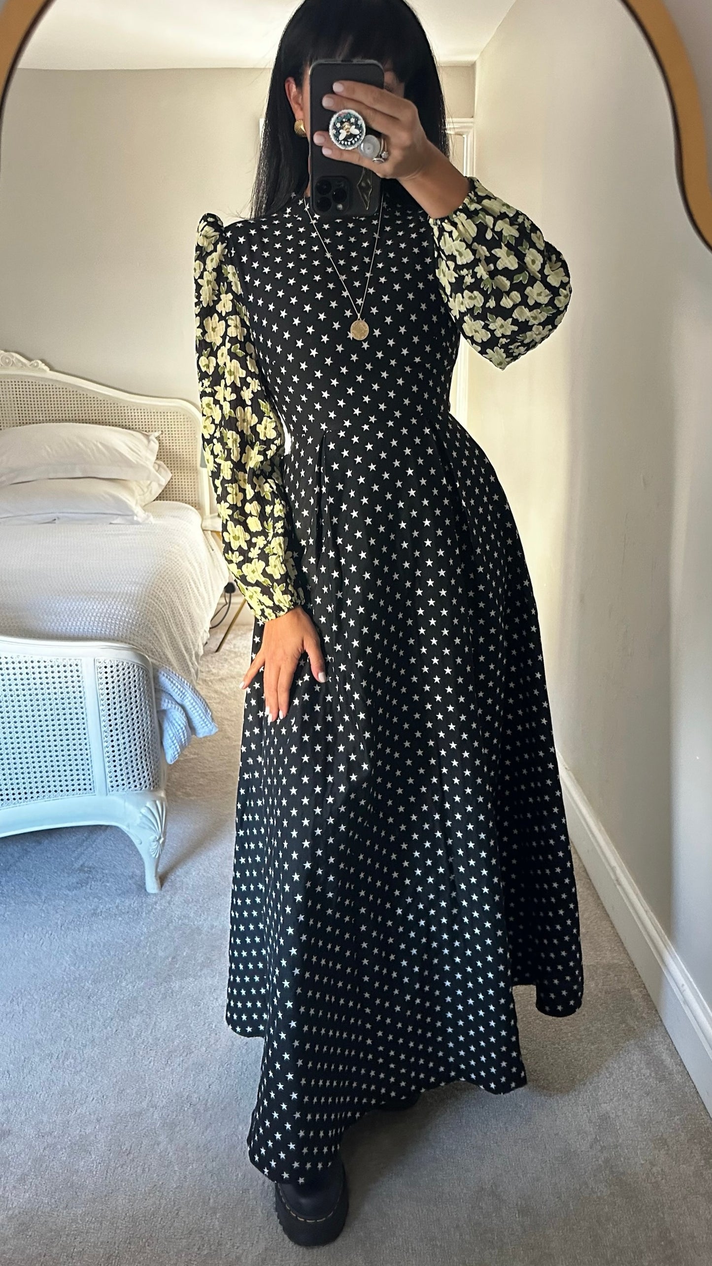 Sister Jane black dream range white yellow star floral print maxi dress small S UK 8 as new condition