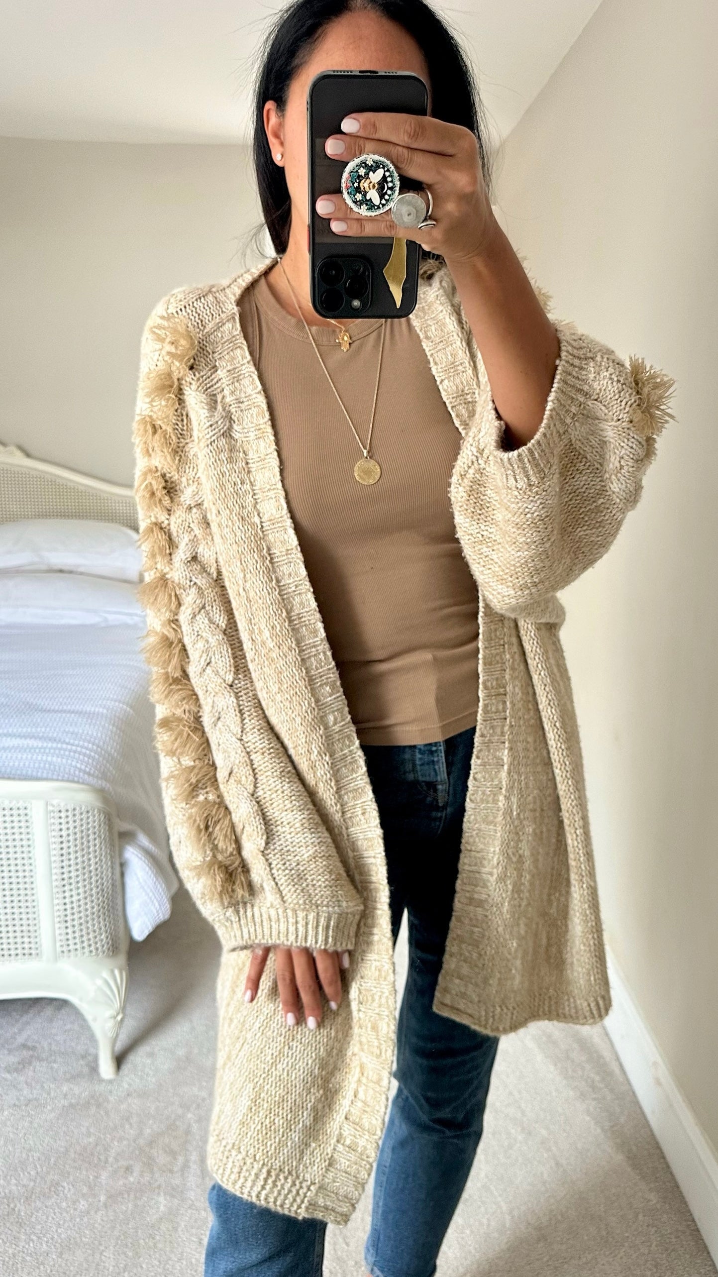 Anthropologie beige caramel boho knitted oversized longline cardigan large UK 12-14 vgc w25