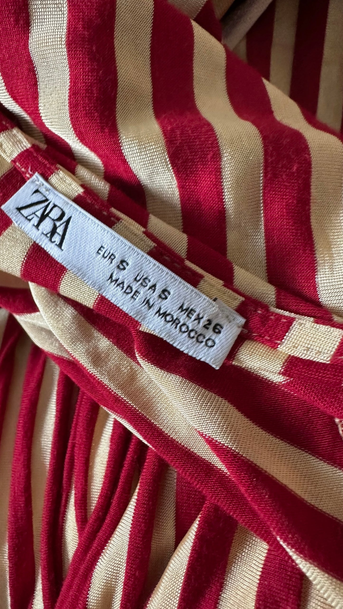 Zara burgundy cream candy stripe drop waist midi jersey dress Small S UK 8 excellent used condition