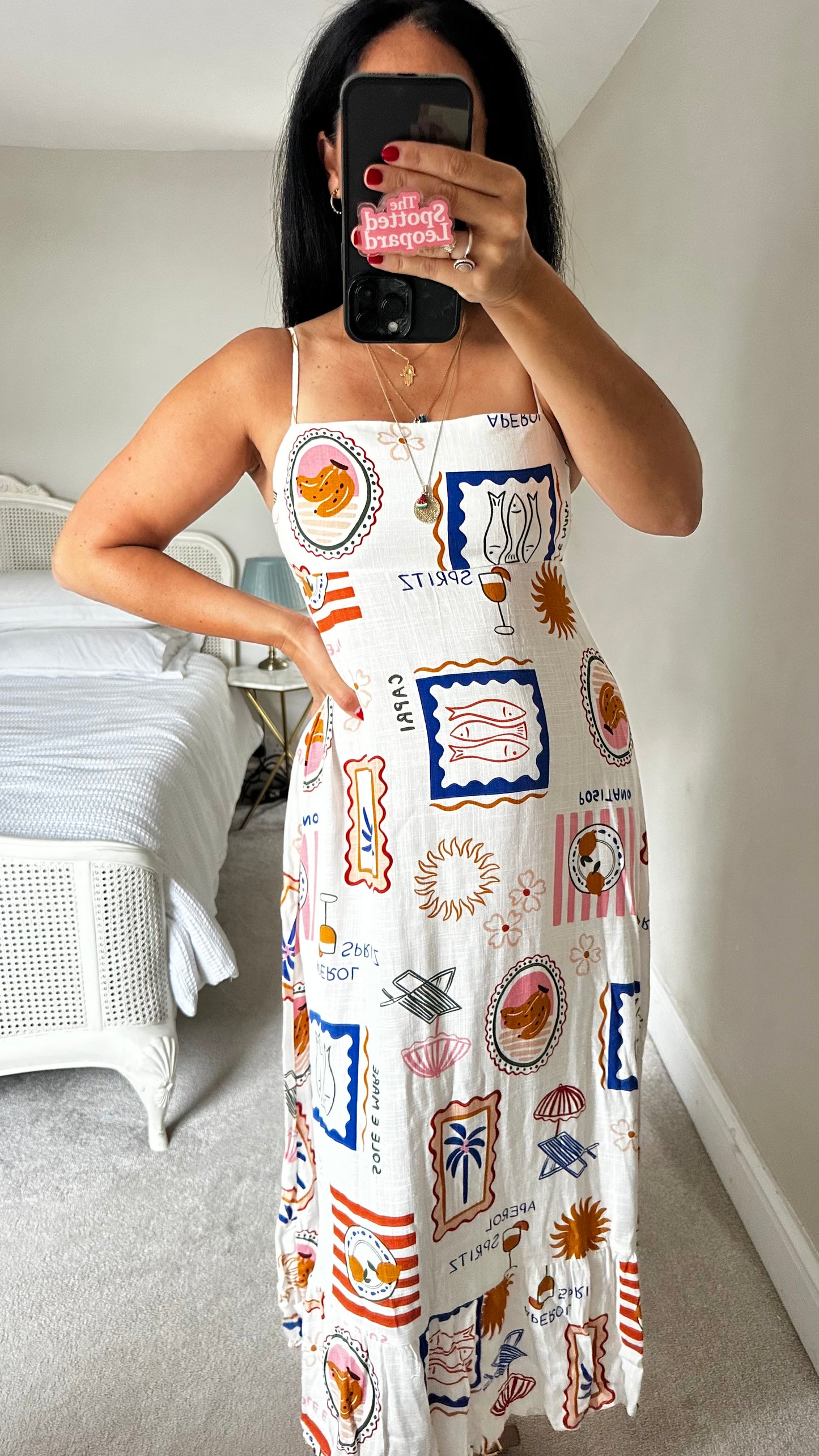 Label of Love white linen maxi dress midi holiday small UK 8-10 Italian fish print