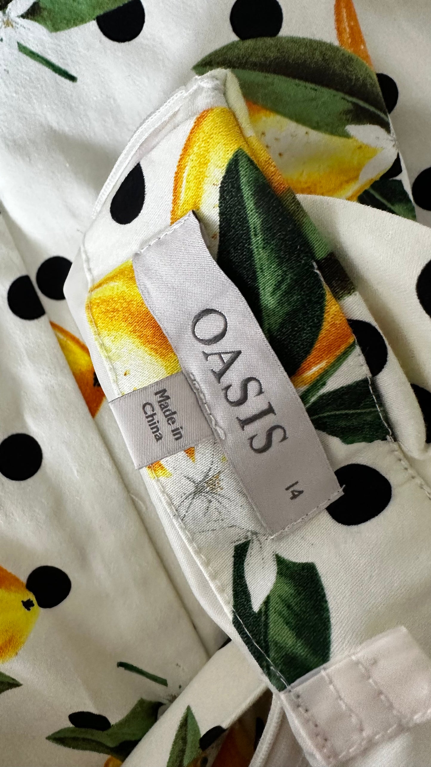 Oasis lemon print polka dot button up event dress wedding guest medium UK 14 new