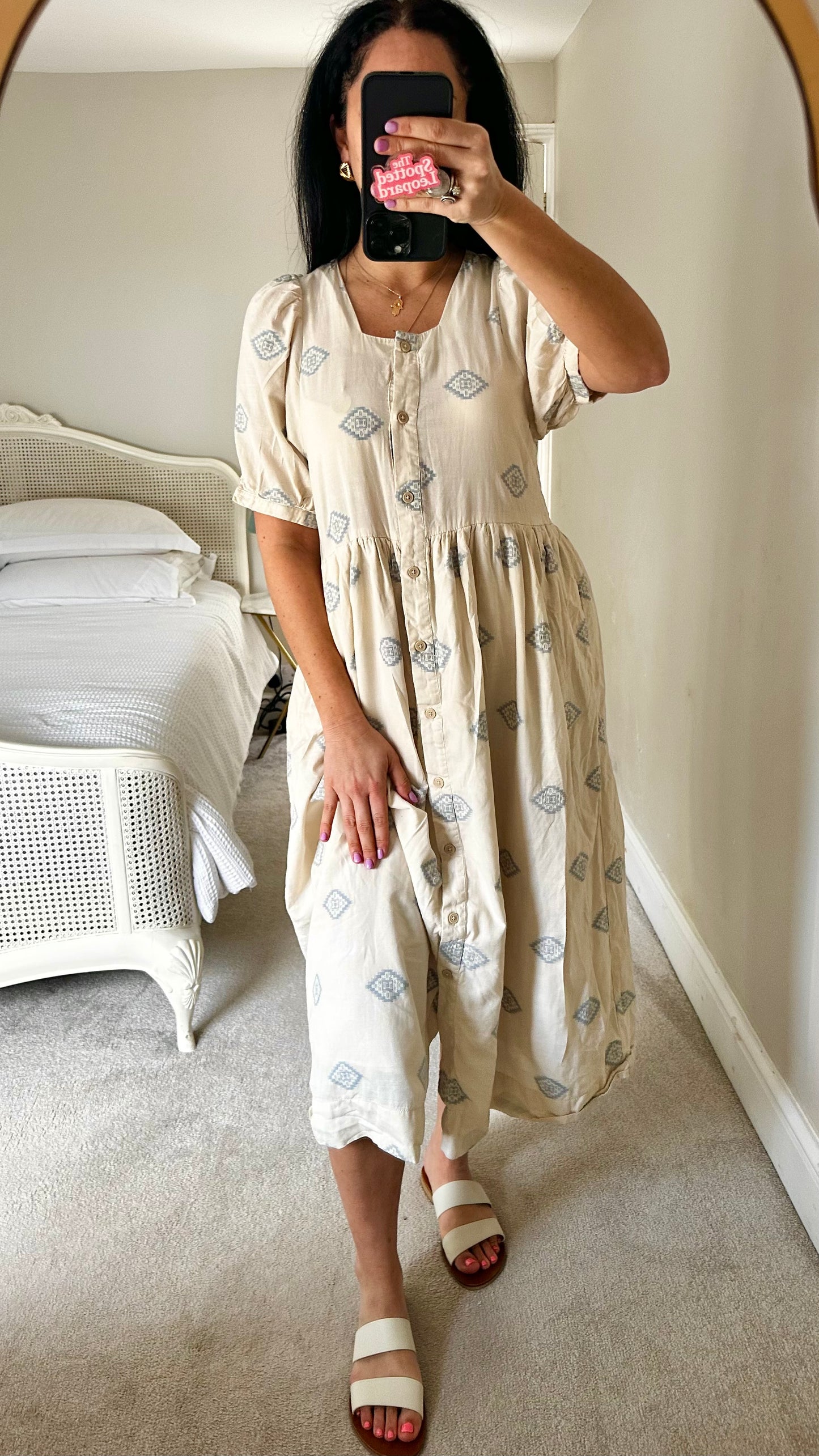 FOLK cream blue Aztec print midi button up dress long UK 12 vgc