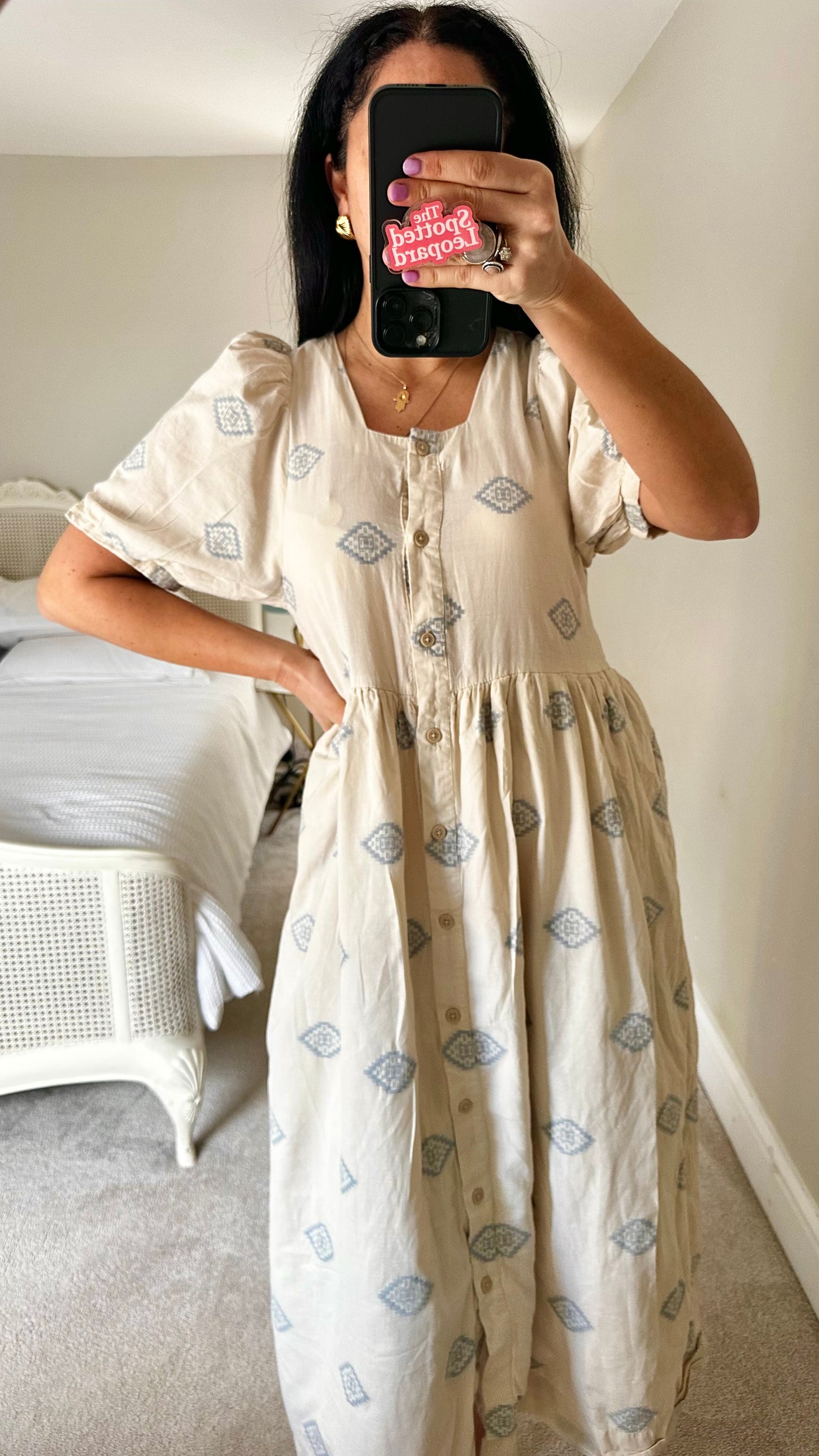 FOLK cream blue Aztec print midi button up dress long UK 12 vgc