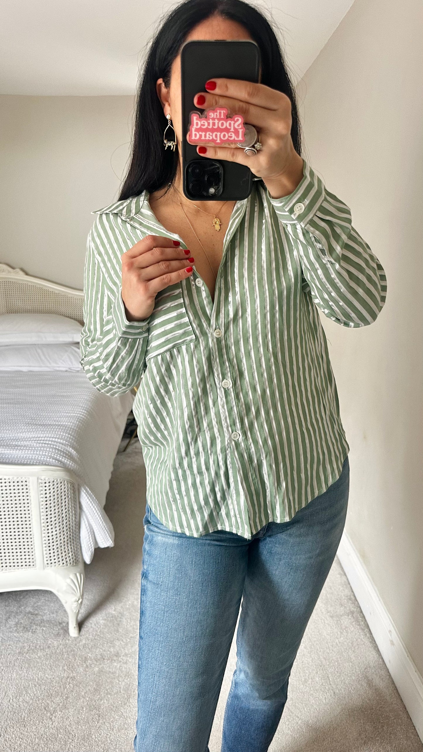 FRNCH Green white silver stripe shirt top small medium UK 10-12