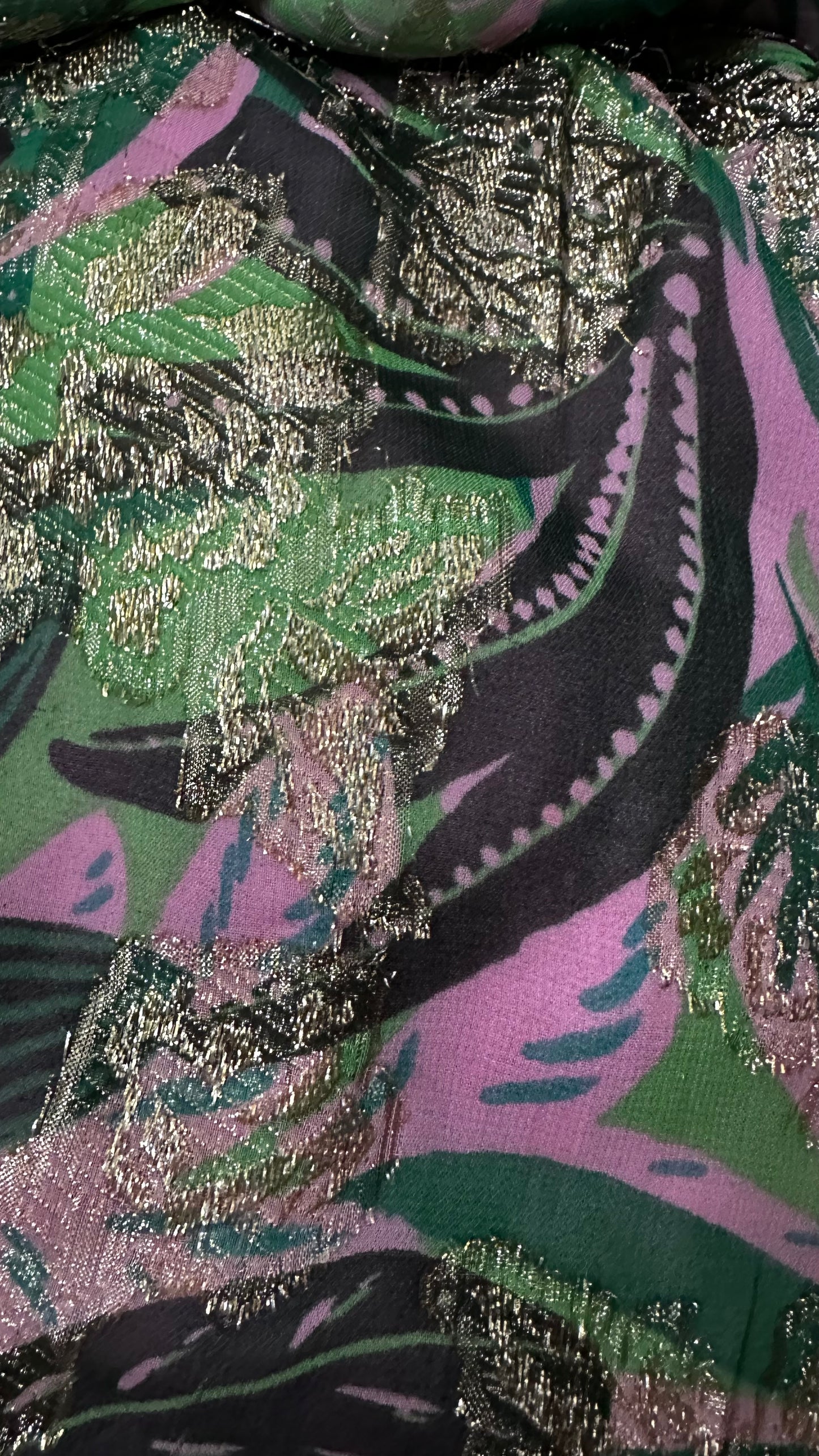 Oliver Bonas green pink gold jungle print halterneck jumpsuit trousersuit small UK 10 wedding guest event vgc