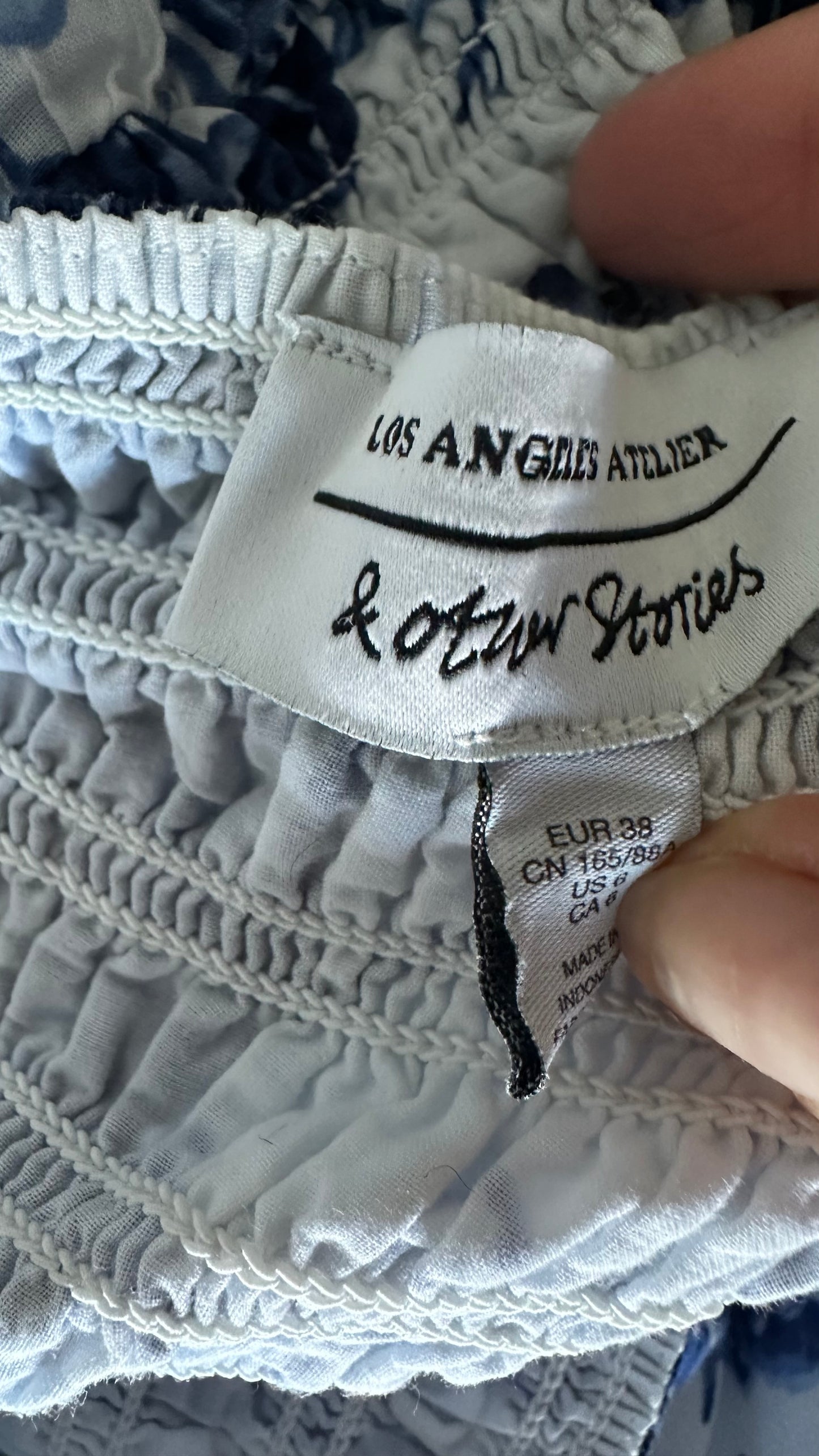 & other stories white blue floral shirred mini dress small UK 8-10 petite