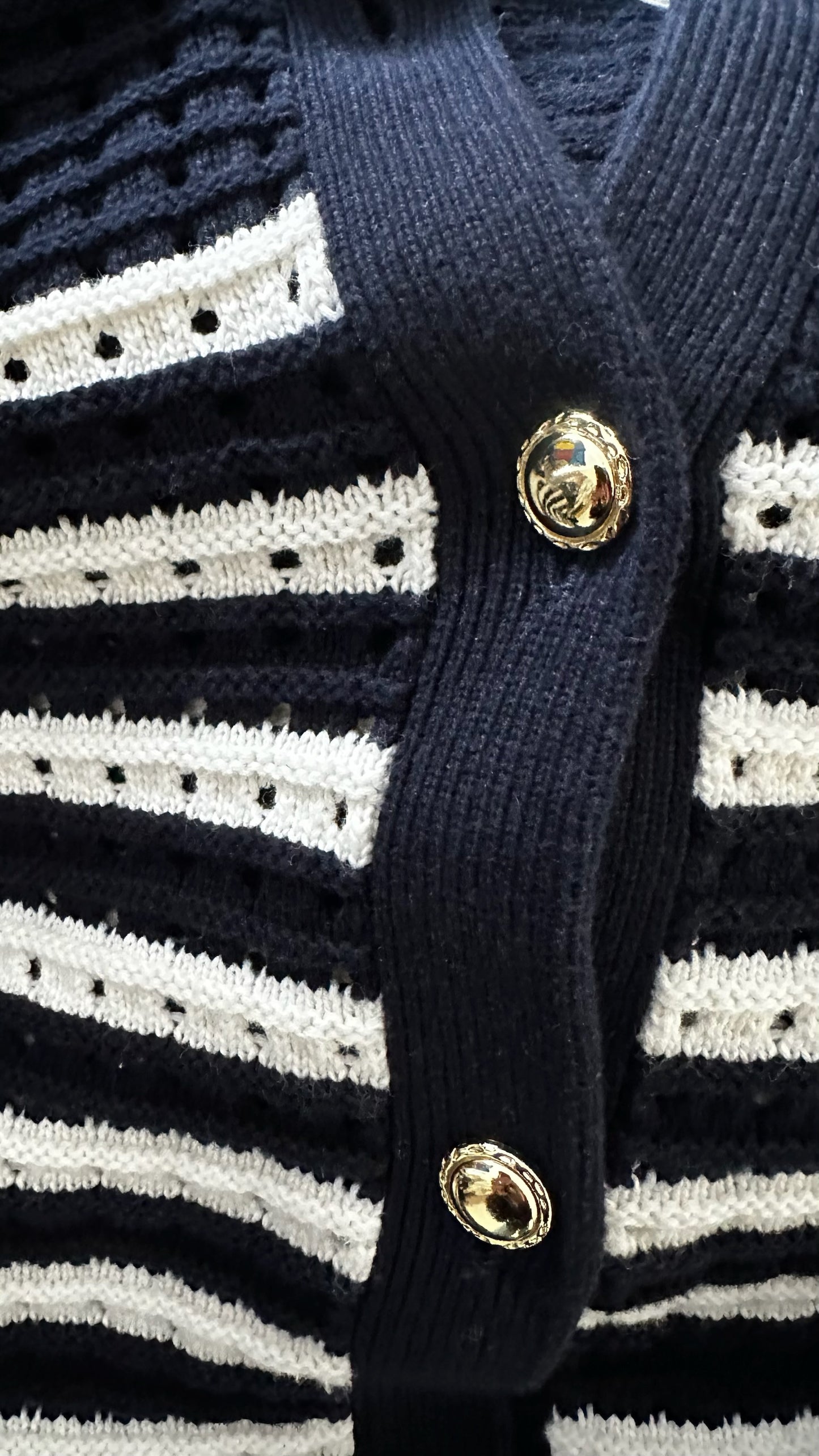 Anthropologie navy blue white stripe crochet knitted cardigan extra large UK 14 vgc XMS25