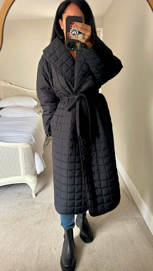 Nobody's child black square quilted long line puffer coat large UK 12-14 vgc w25