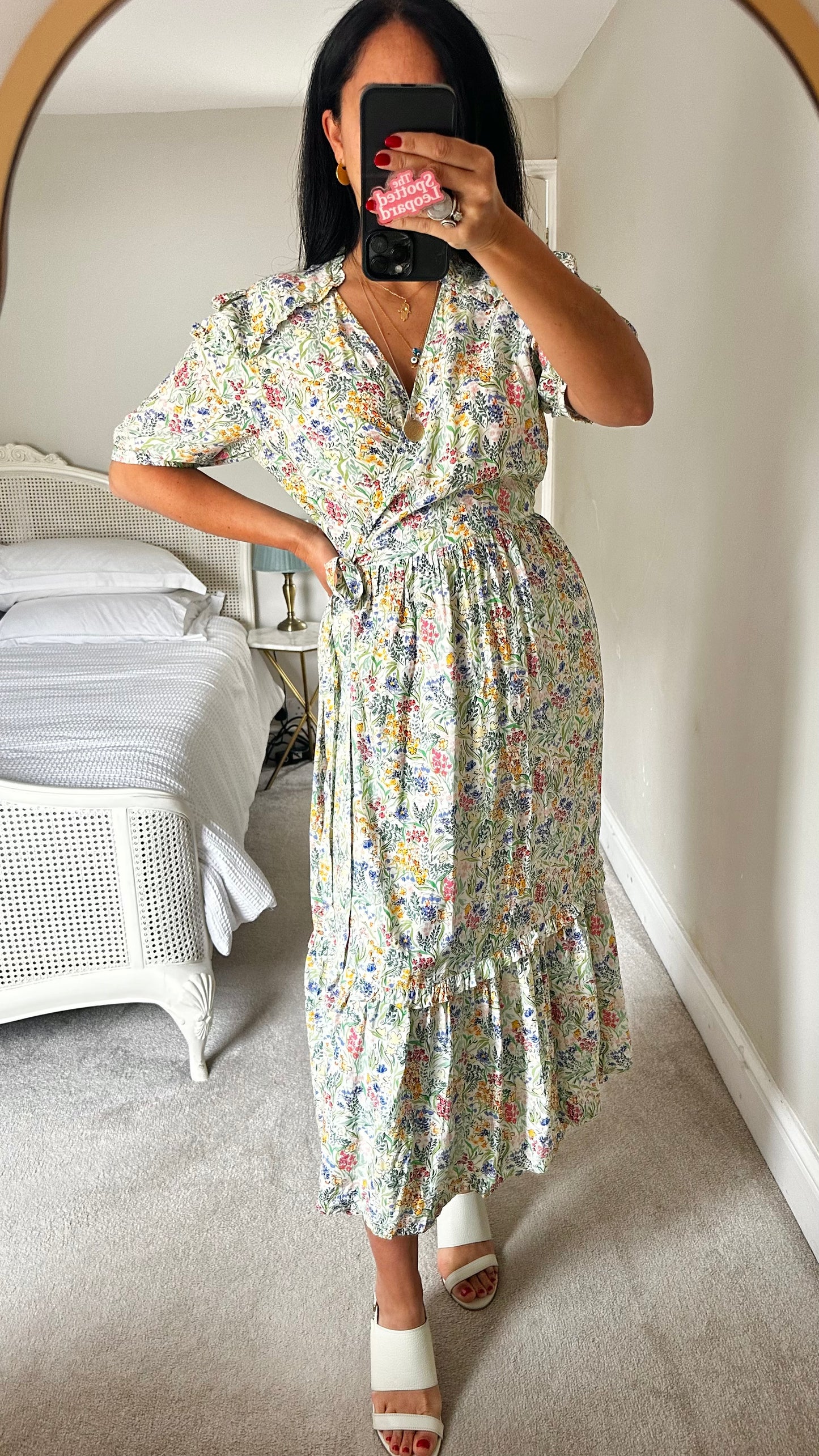 Albaray white blue green floral wrap midi dress medium UK 14 event