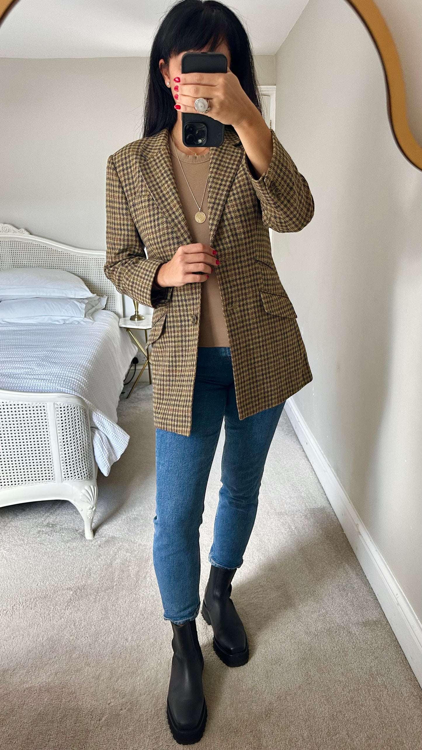 Aquascutum vintage beige brown gingham check blazer jacket small medium 100% wool vgc UK 8-10