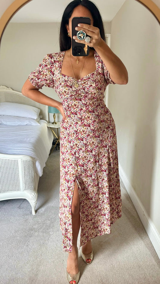 Forever new pink butter yellow burgundy floral print side split maxi dress wedding extra large XL UK 14