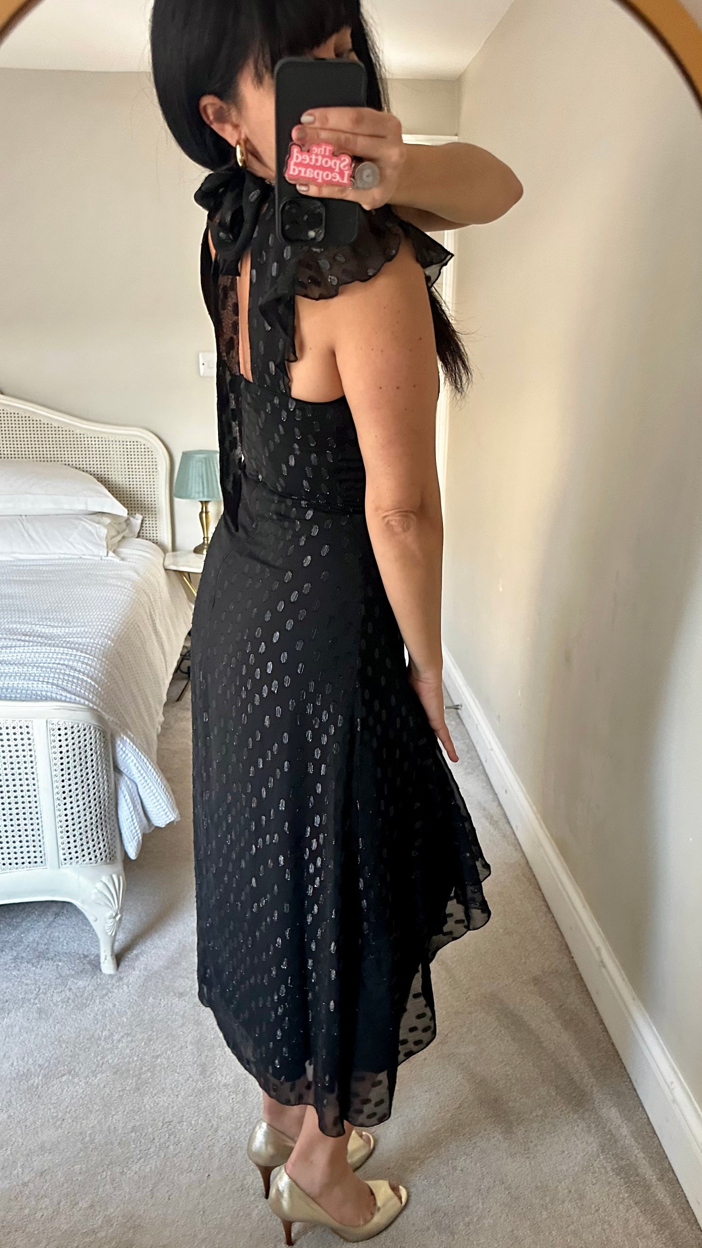 Warehouse black polka dot midi event party dress small UK 8 vgc