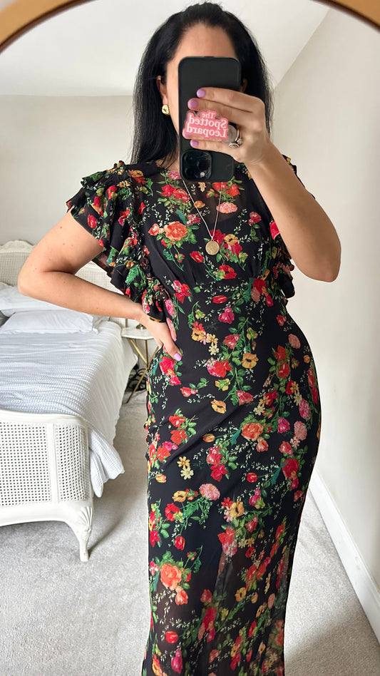 Warehouse black red floral midi event dress small UK 10 new bnwt sheer