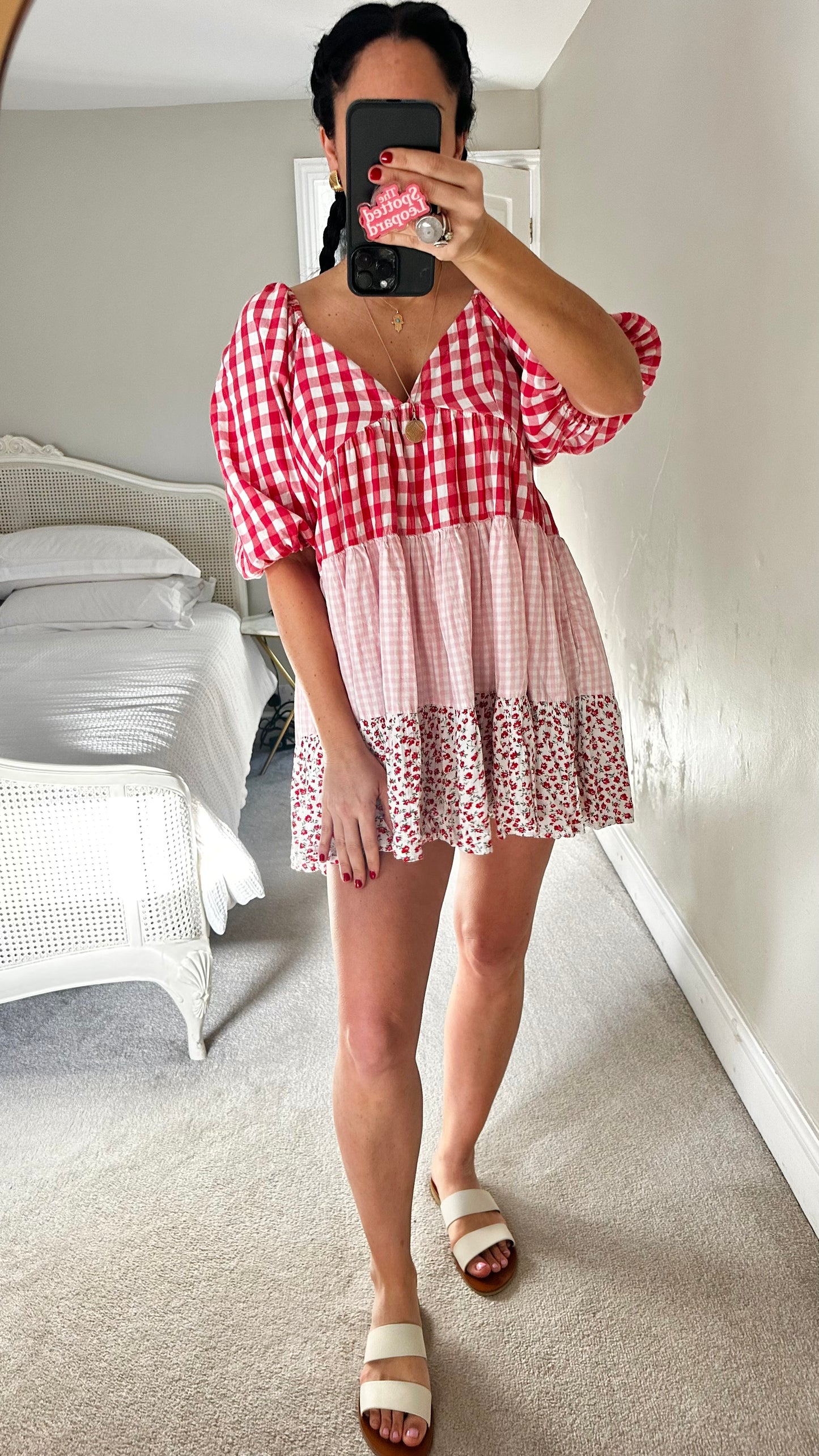 ASOS red pink floral gingham mini holiday dress medium UK 12 vgc