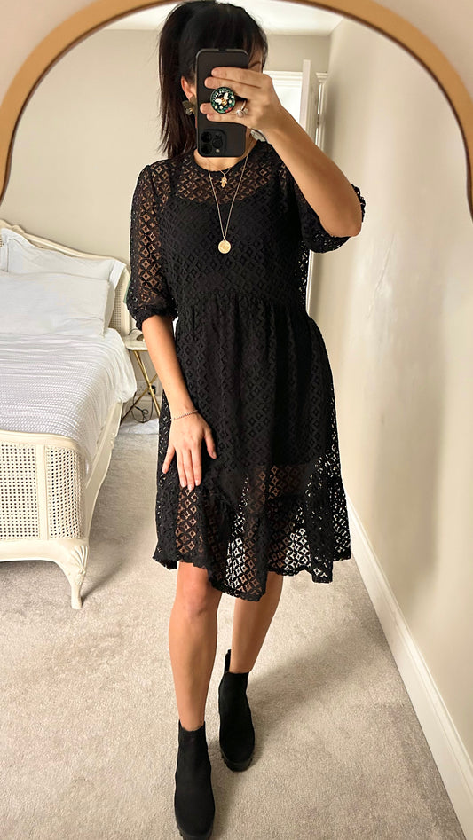 Nobody’s Child black lace overlay dress UK 12 midi crochet vgc