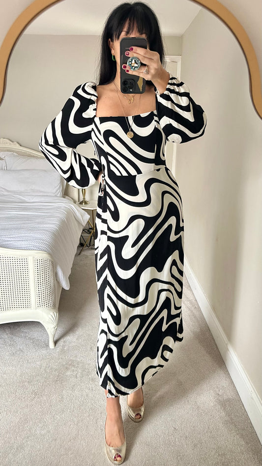 & other stories black white monochrome patterned long dress large UK 14 vgc