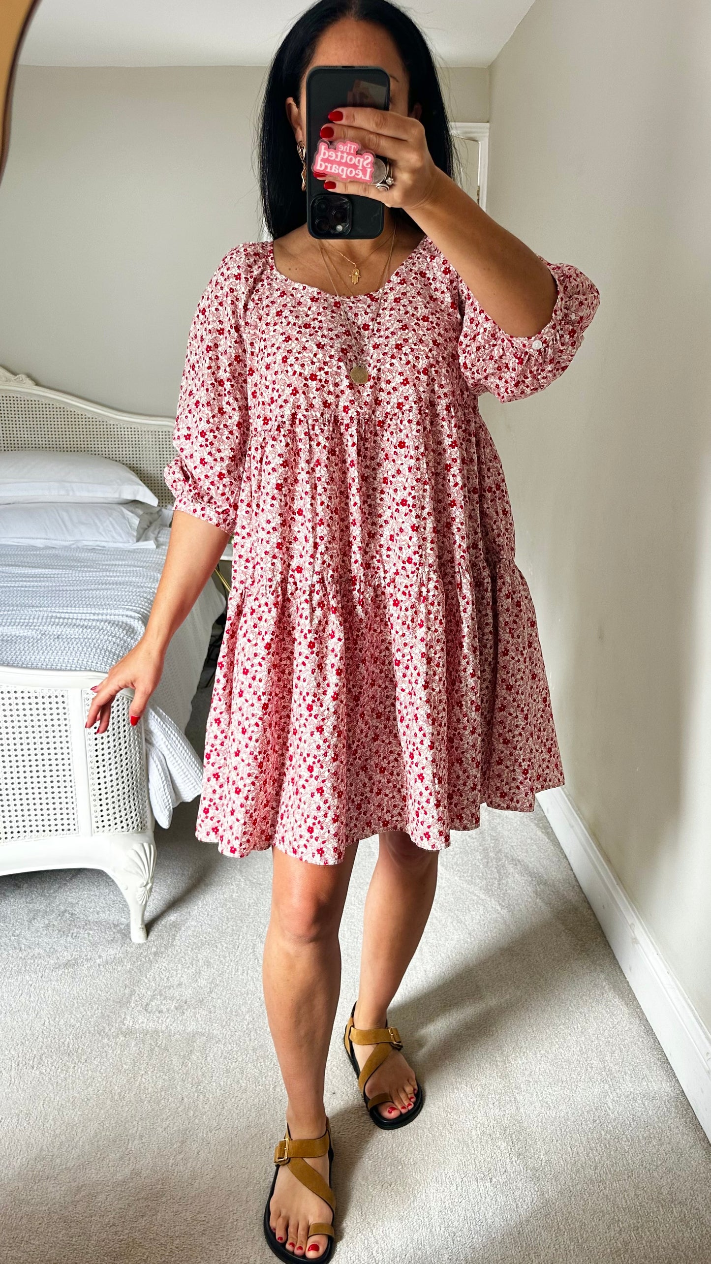 & other stories pink red floral tiered mini dress small medium UK 10 12 14