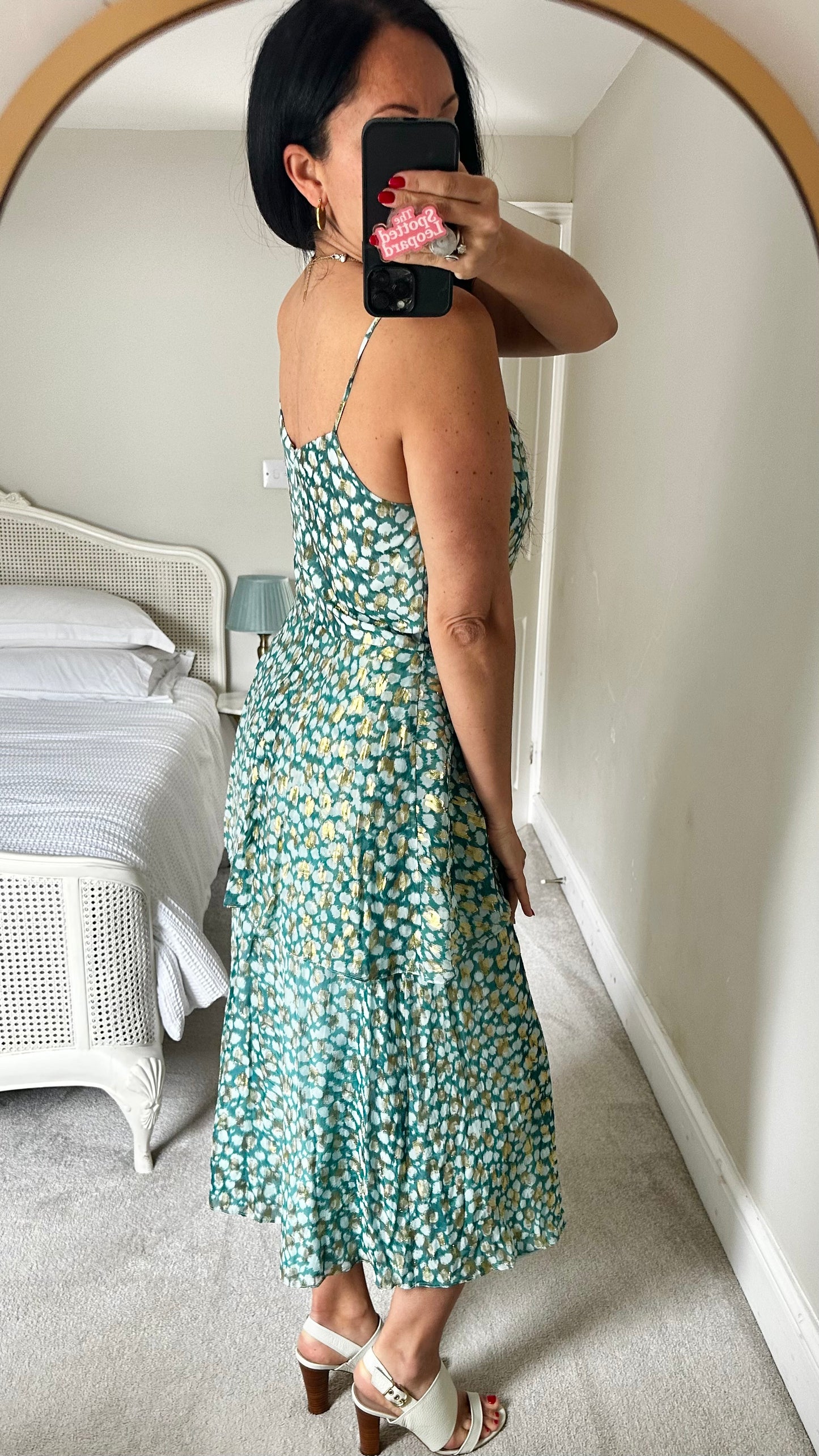 Whistles turquoise green gold strappy event midi dress medium UK 12 vgc