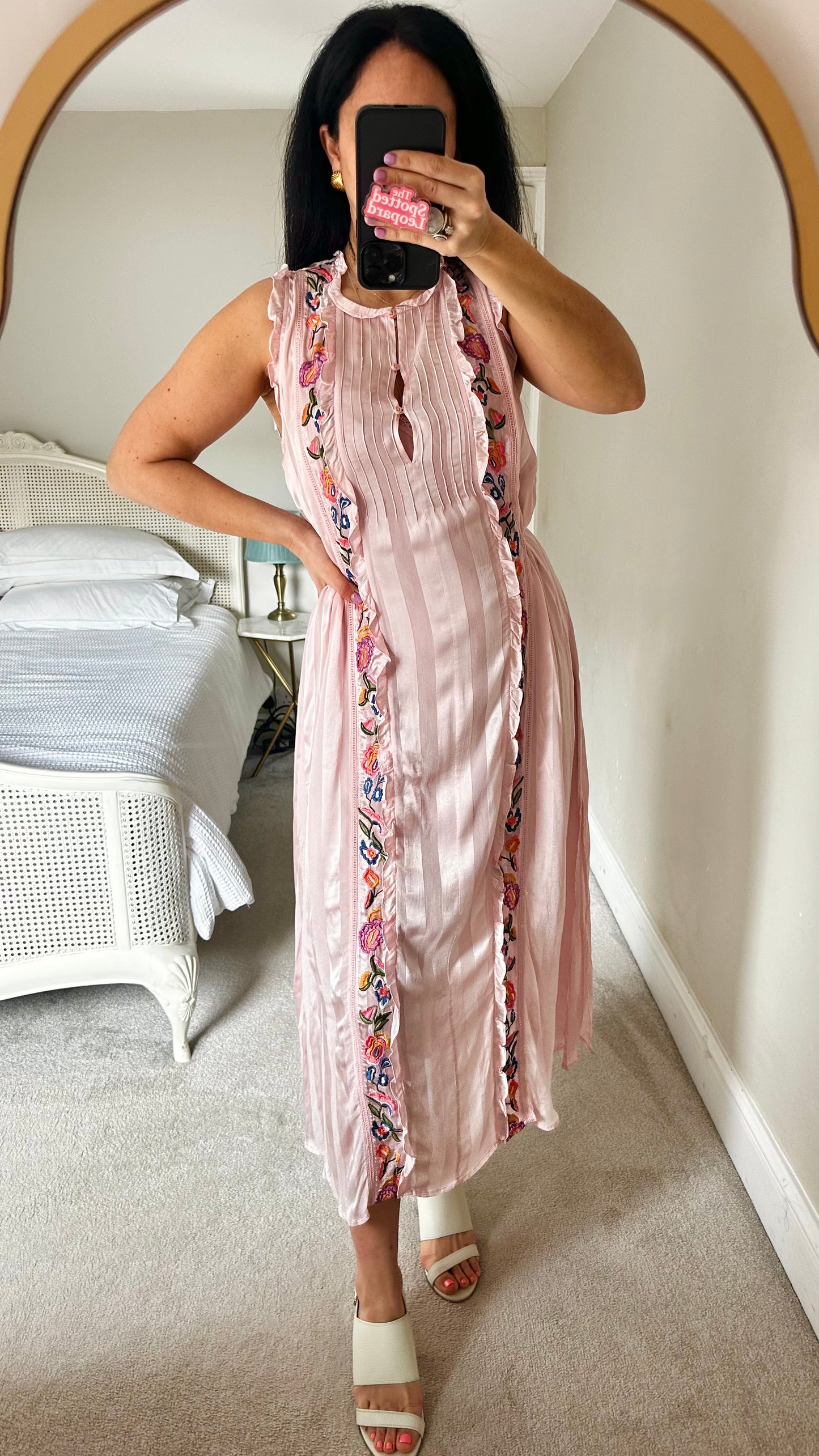 French Connection rose pink stripe embroidered event midi long dress medium UK 14 vgc
