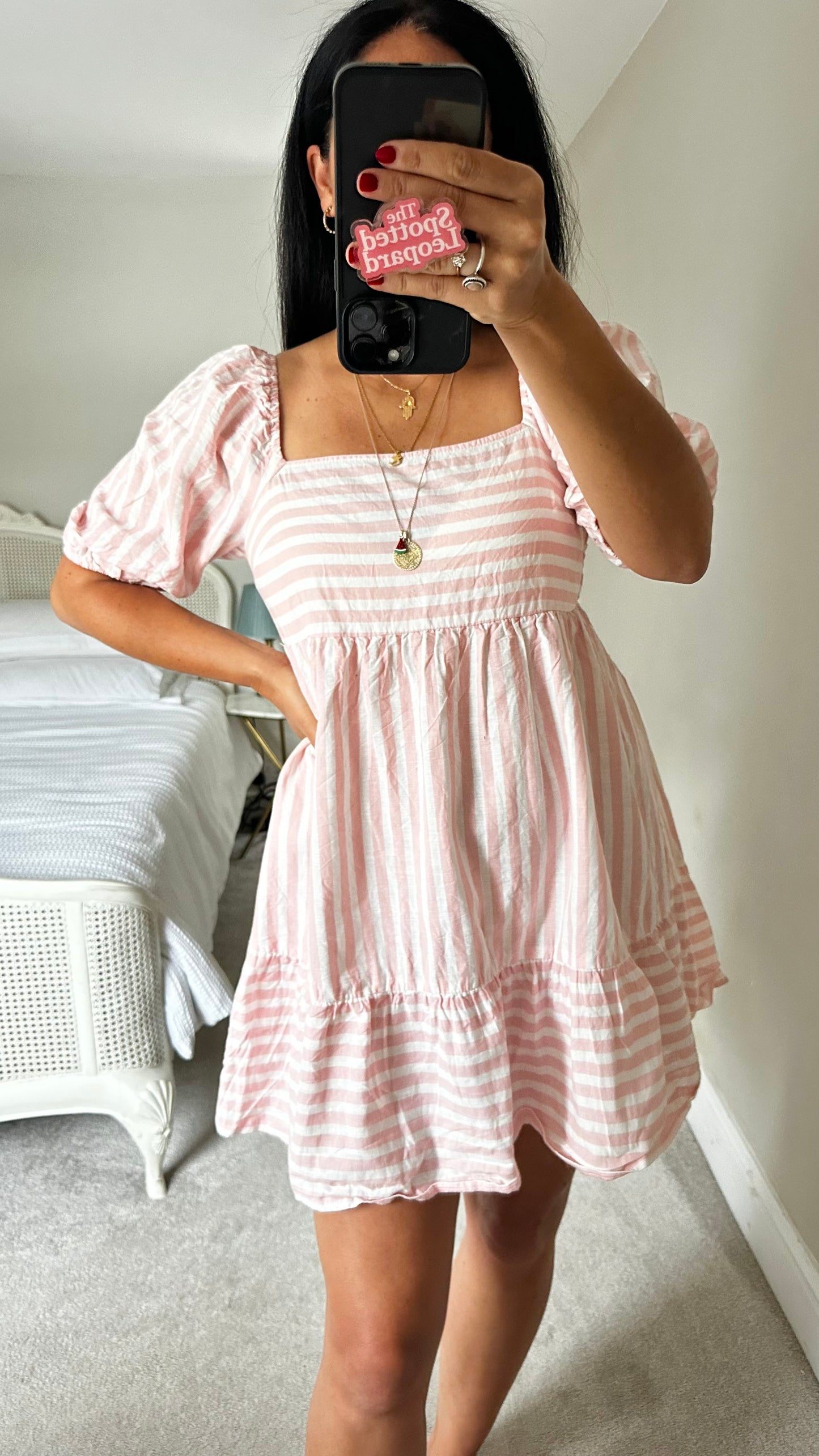 Nobody’s Child pink white stripe organic cotton holiday dress mini small UK 10 vgc