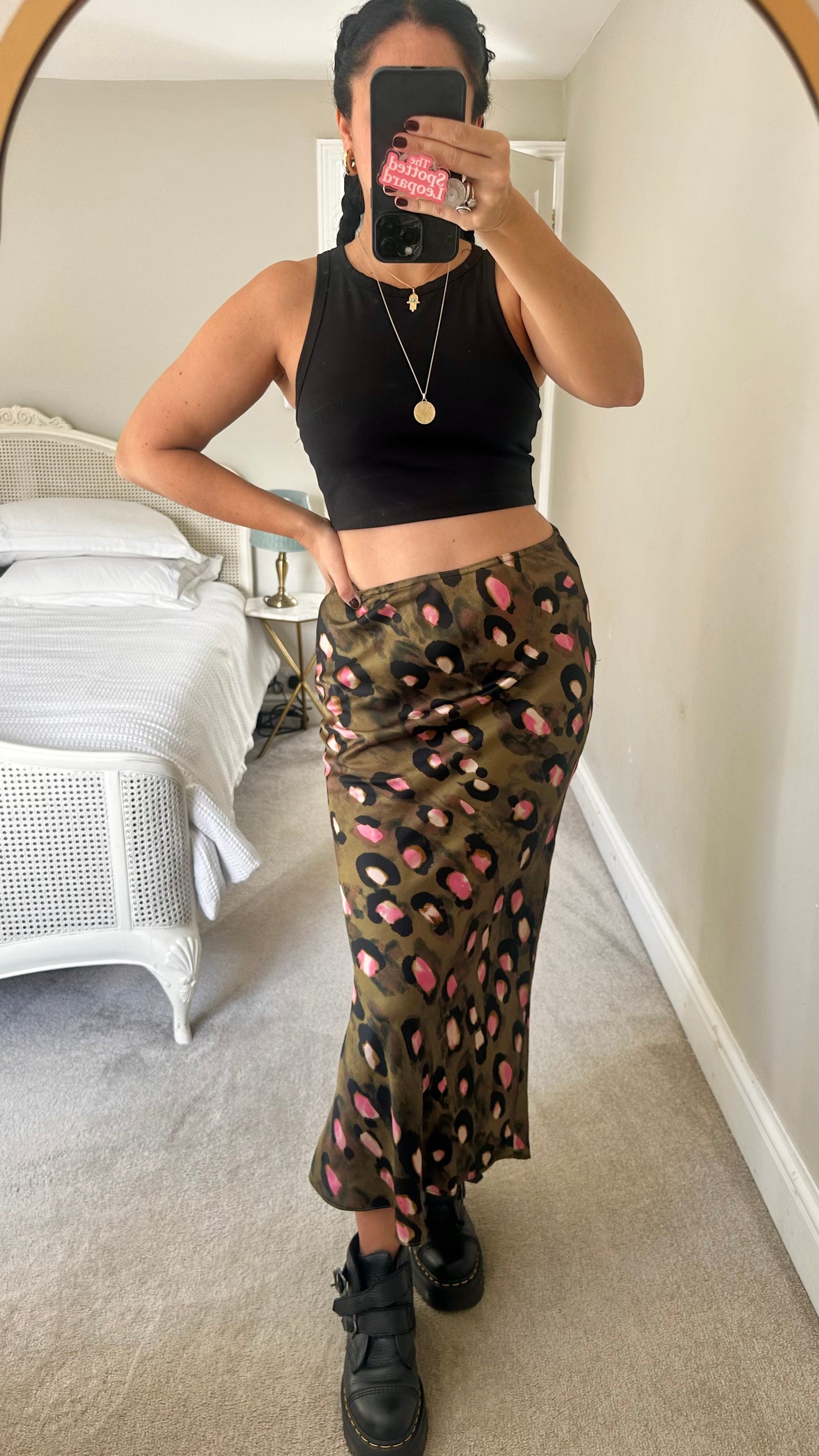 Topshop khaki green leopard animal print midi satin midi long maxi skirt extra large UK 14 vgc